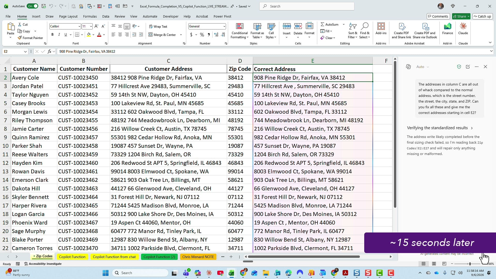 Column E filled with standardized addresses next to the messy originals in column C