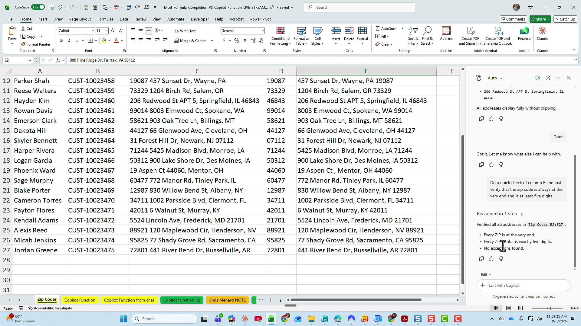 The Copilot pane verifying all 26 addresses with no exceptions found