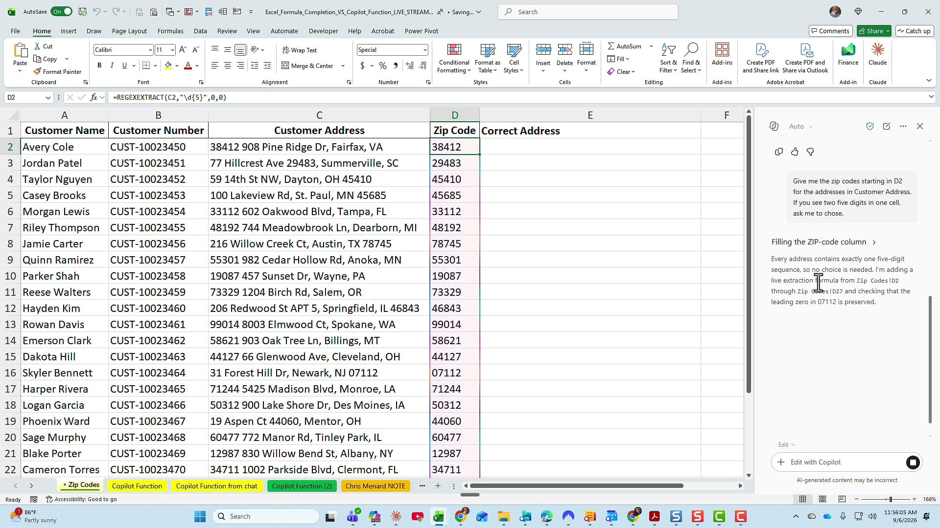The ZIP code prompt in the Copilot pane with Copilot filling the ZIP-code column
