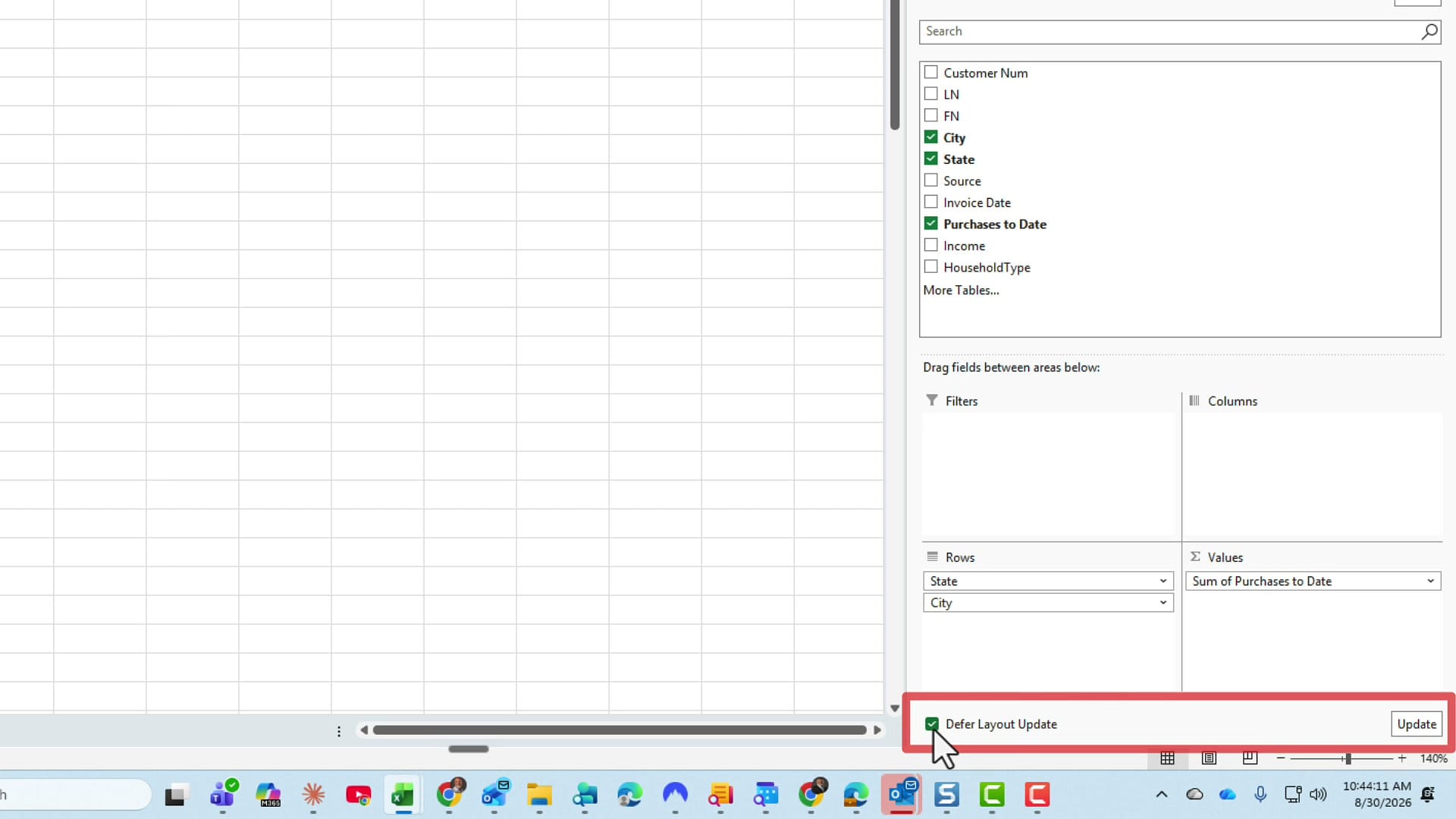 Defer Layout Update checkbox turned on in the PivotTable Fields pane with the Update button now active