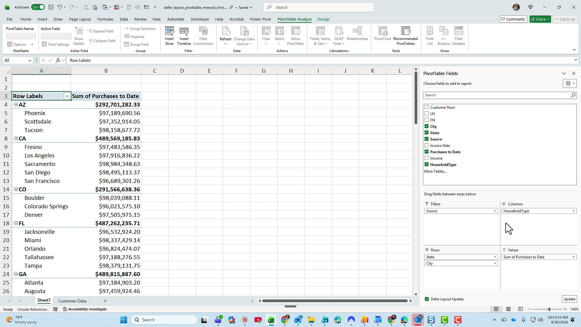 PivotTable Fields pane with Source in Filters, HouseholdType in Columns, State and City in Rows, while the PivotTable still shows only states and cities
