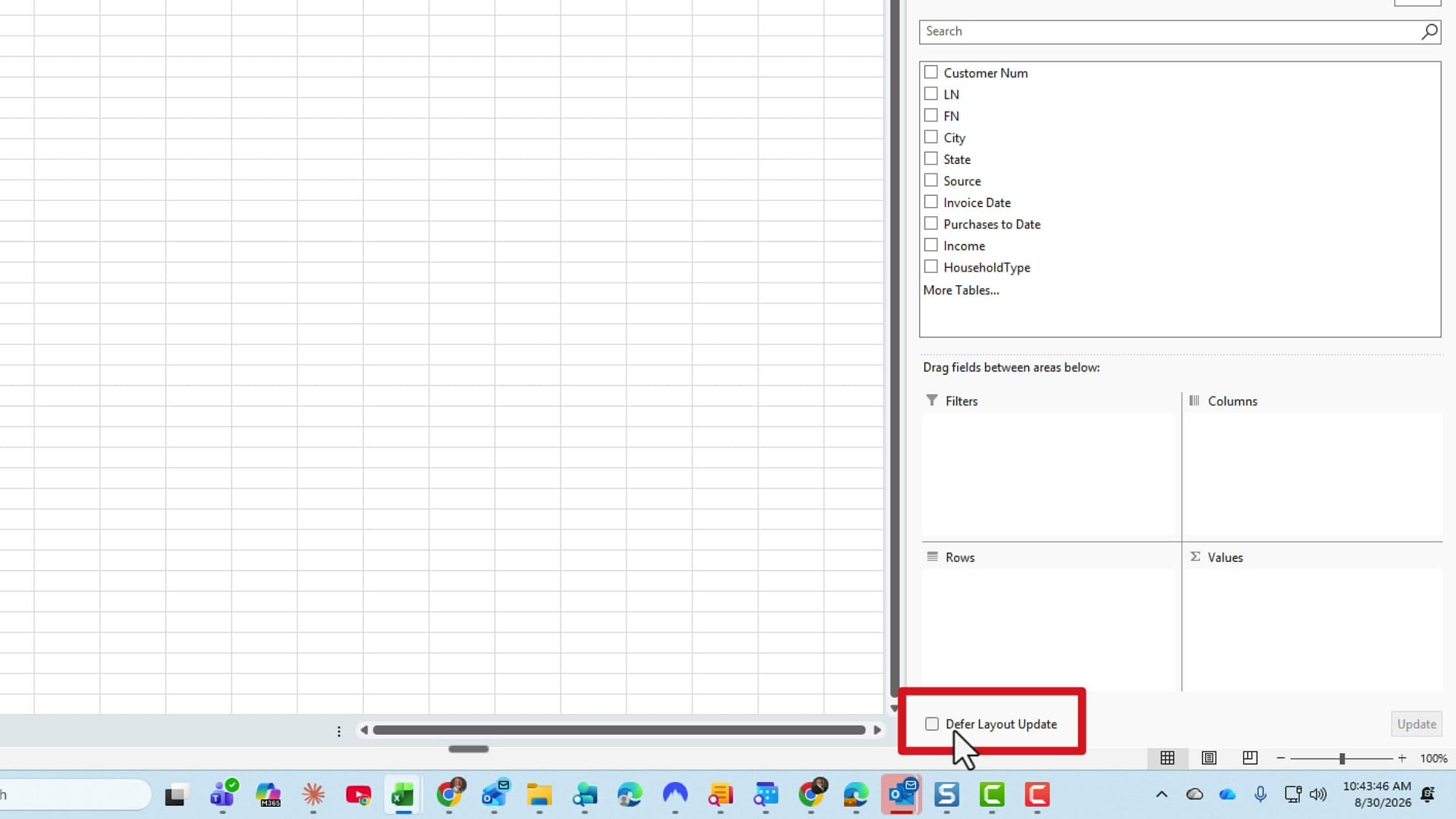 PivotTable Fields pane with the Filters, Columns, Rows, and Values areas and the Defer Layout Update checkbox highlighted at the bottom