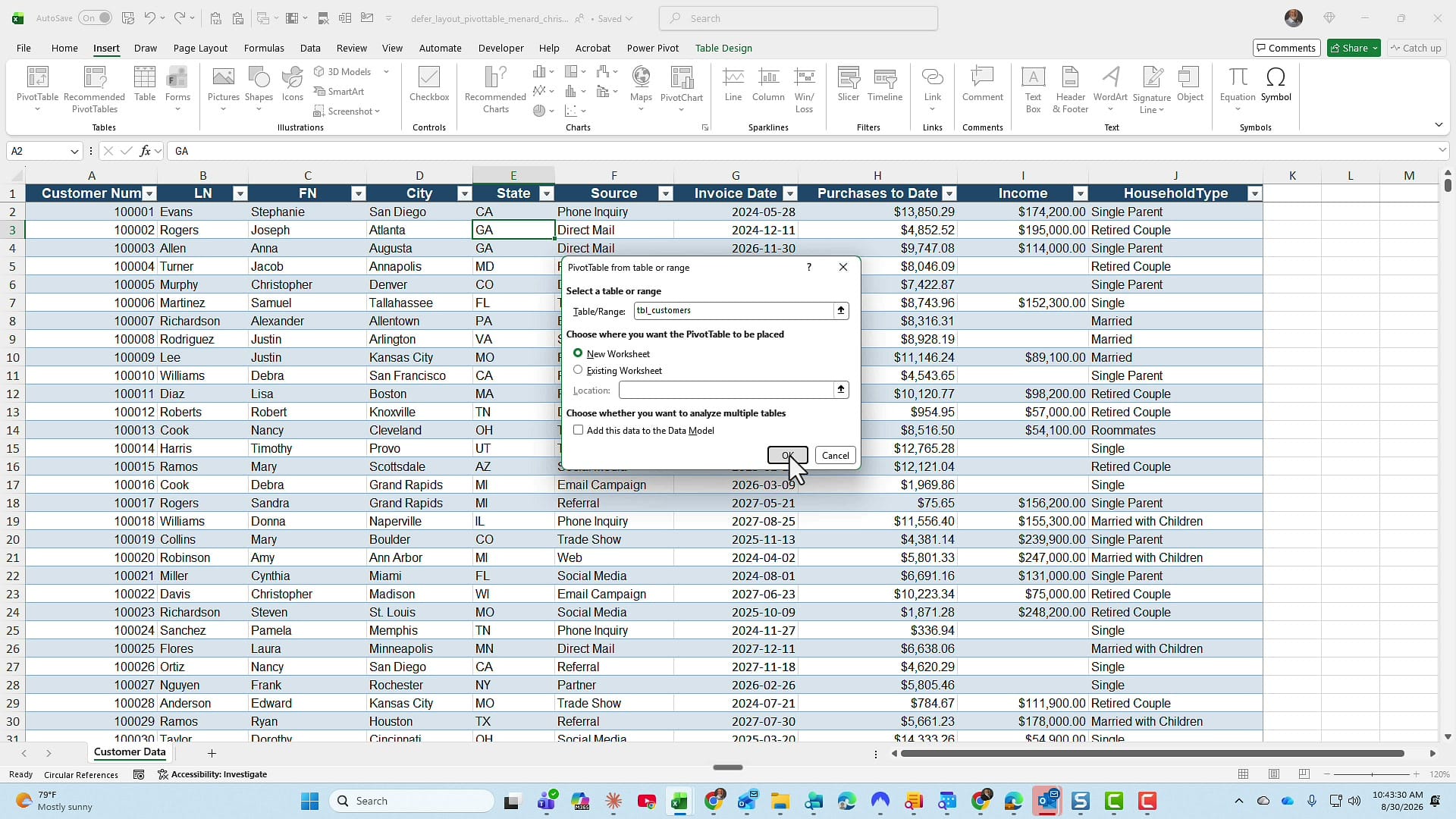 Excel PivotTable from table or range dialog with tbl_customers in the Table/Range box and New Worksheet selected