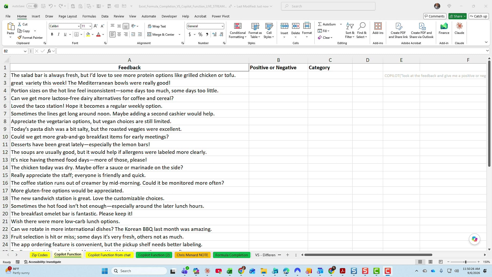 Excel worksheet with 40 free-text survey comments in column A