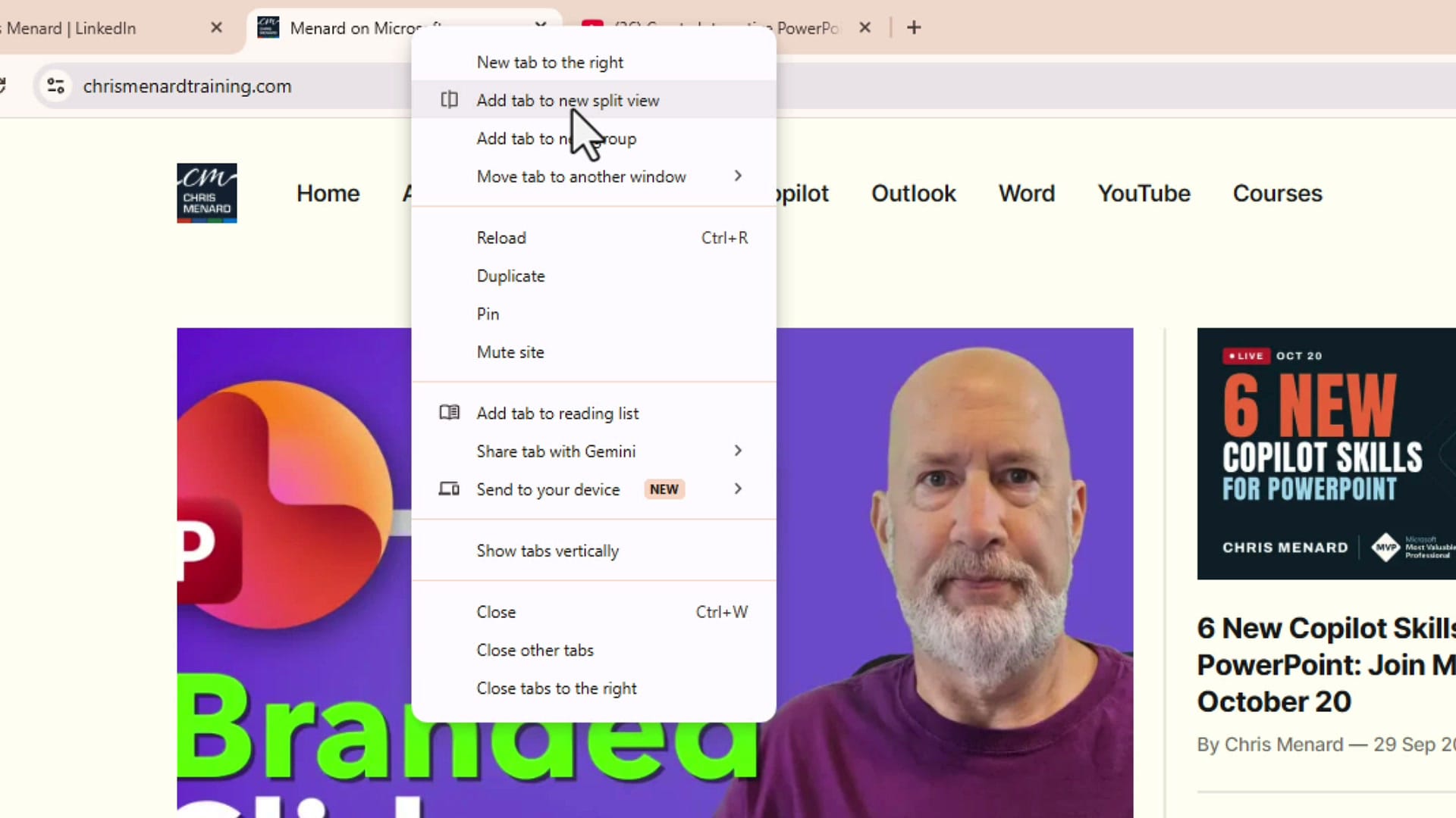 Chrome tab right-click menu with Add tab to new split view highlighted near the top