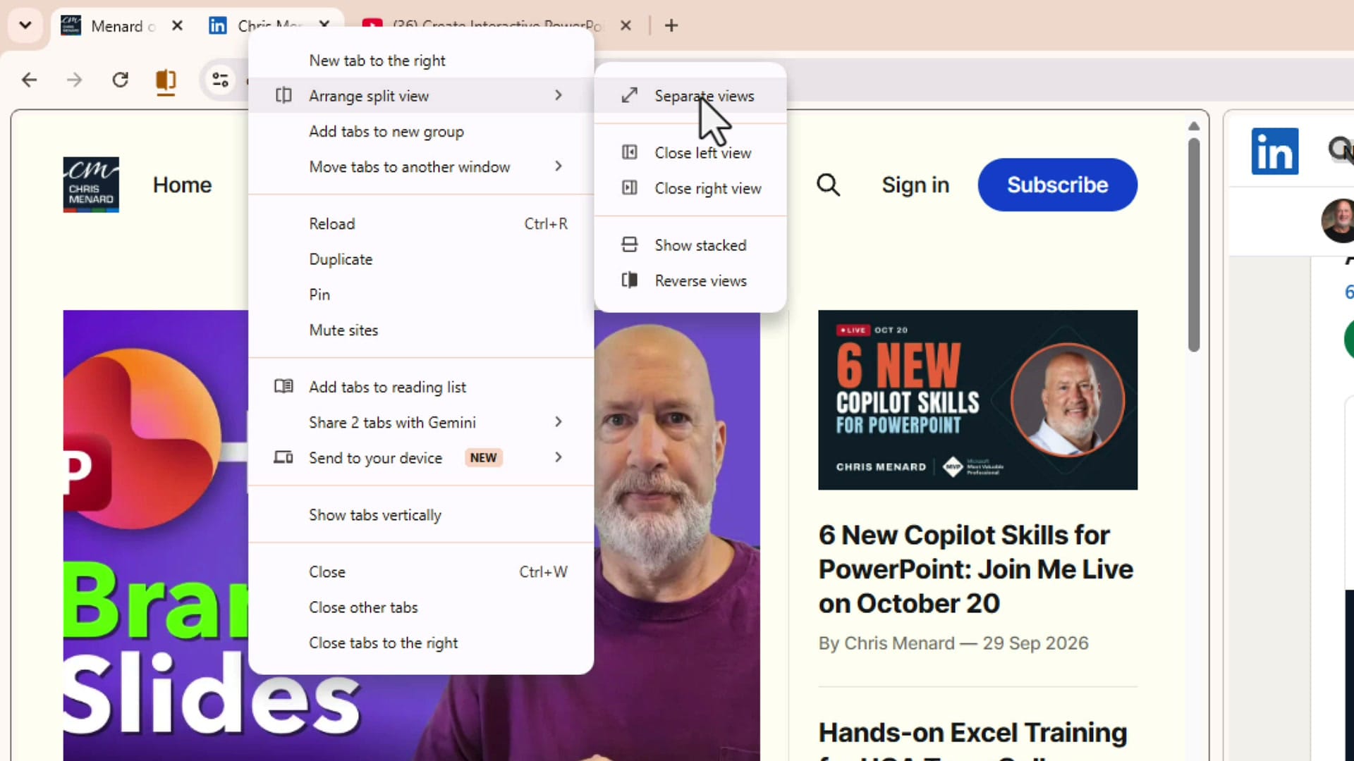 Chrome tab right-click menu with Arrange split view open, showing Separate views, Close left view, Close right view, Show stacked, and Reverse views