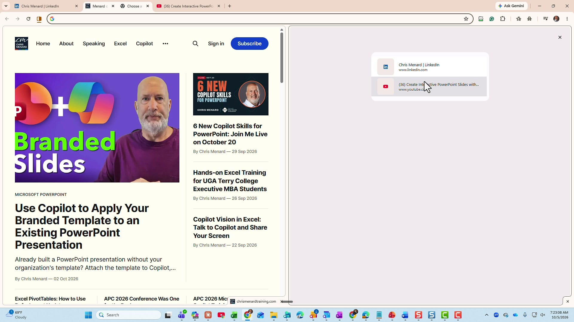 Chrome split view with the first tab on the left and a list of the other open tabs on the right