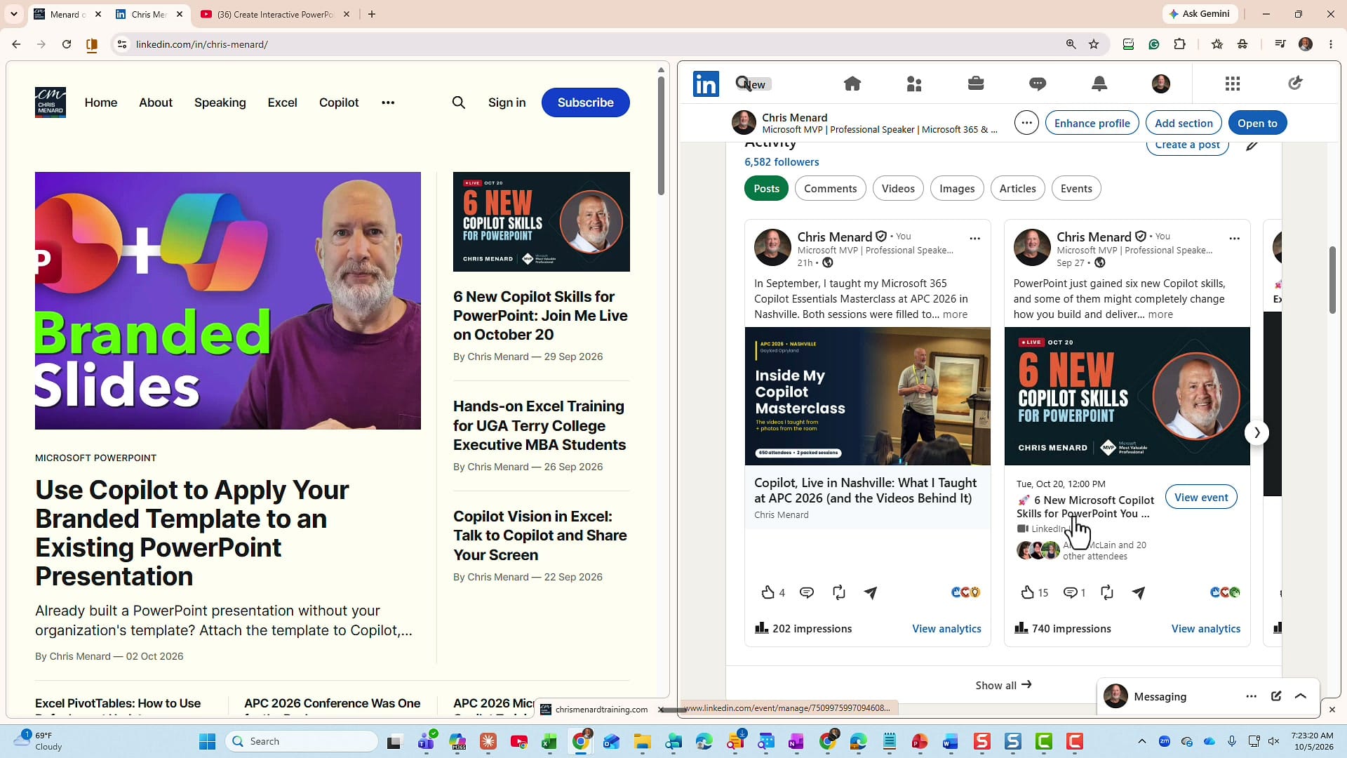 Chrome split view showing the Chris Menard Training blog on the left and a LinkedIn profile on the right in one window