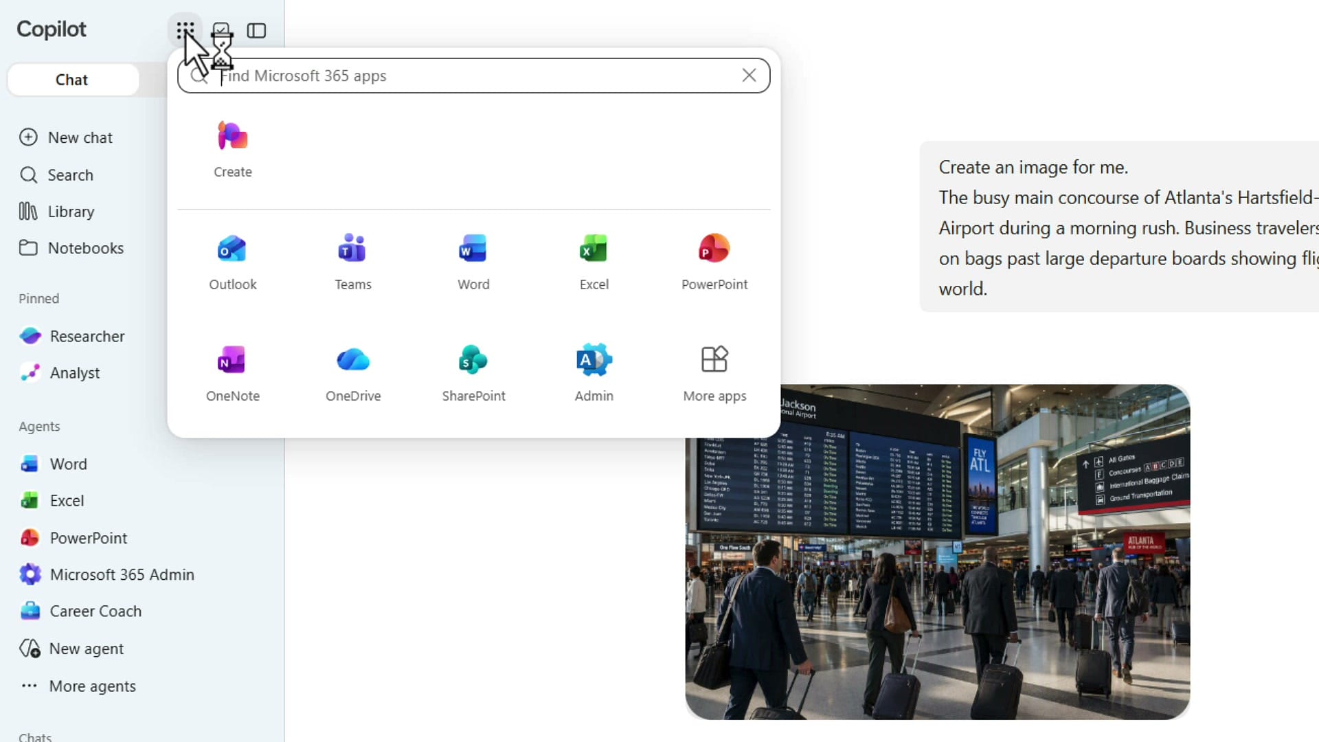 Copilot Apps and more menu open with Create at the top, above Outlook, Teams, Word, Excel, and PowerPoint