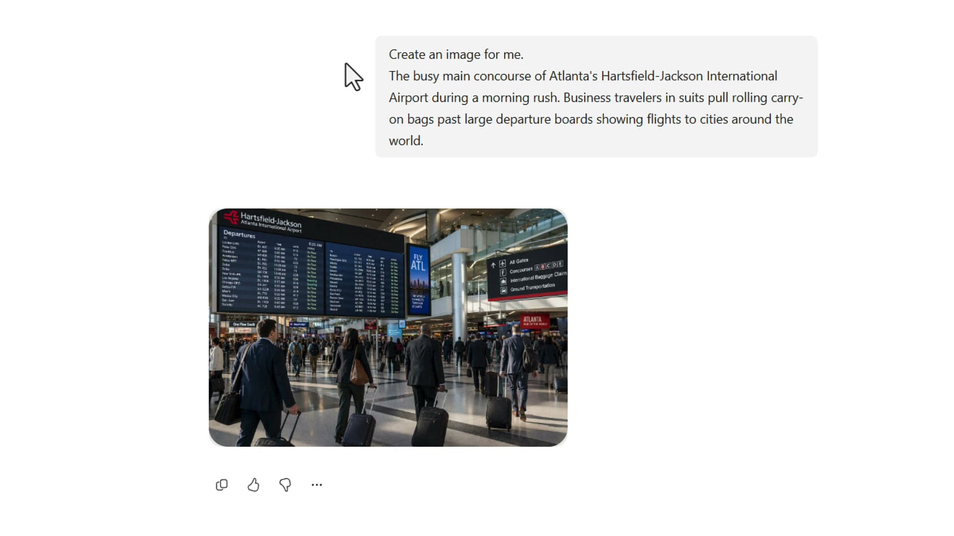 Copilot chat with a Create an image for me prompt about Hartsfield-Jackson airport and the generated image below it