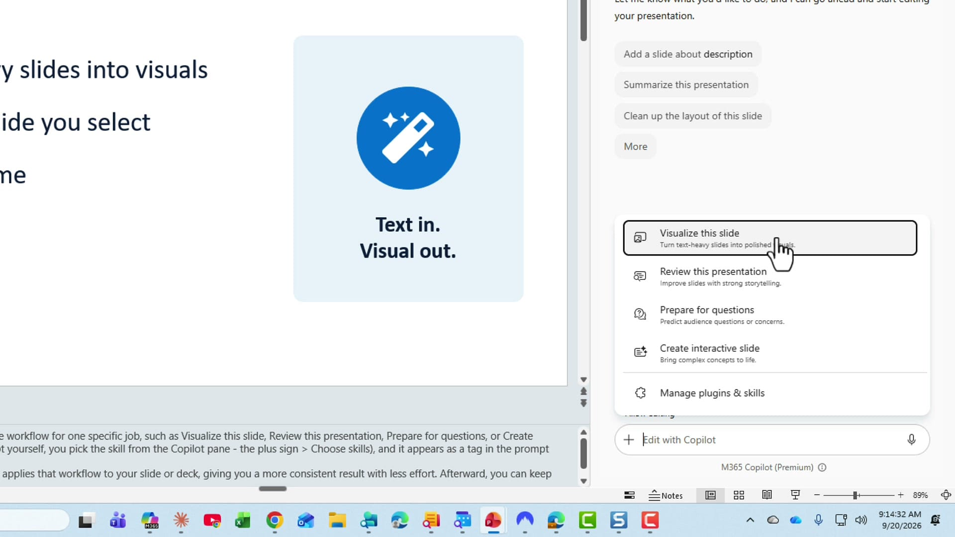 Copilot pane in PowerPoint showing the skills menu with Visualize this slide highlighted above Review this presentation, Prepare for questions, and Create interactive slide