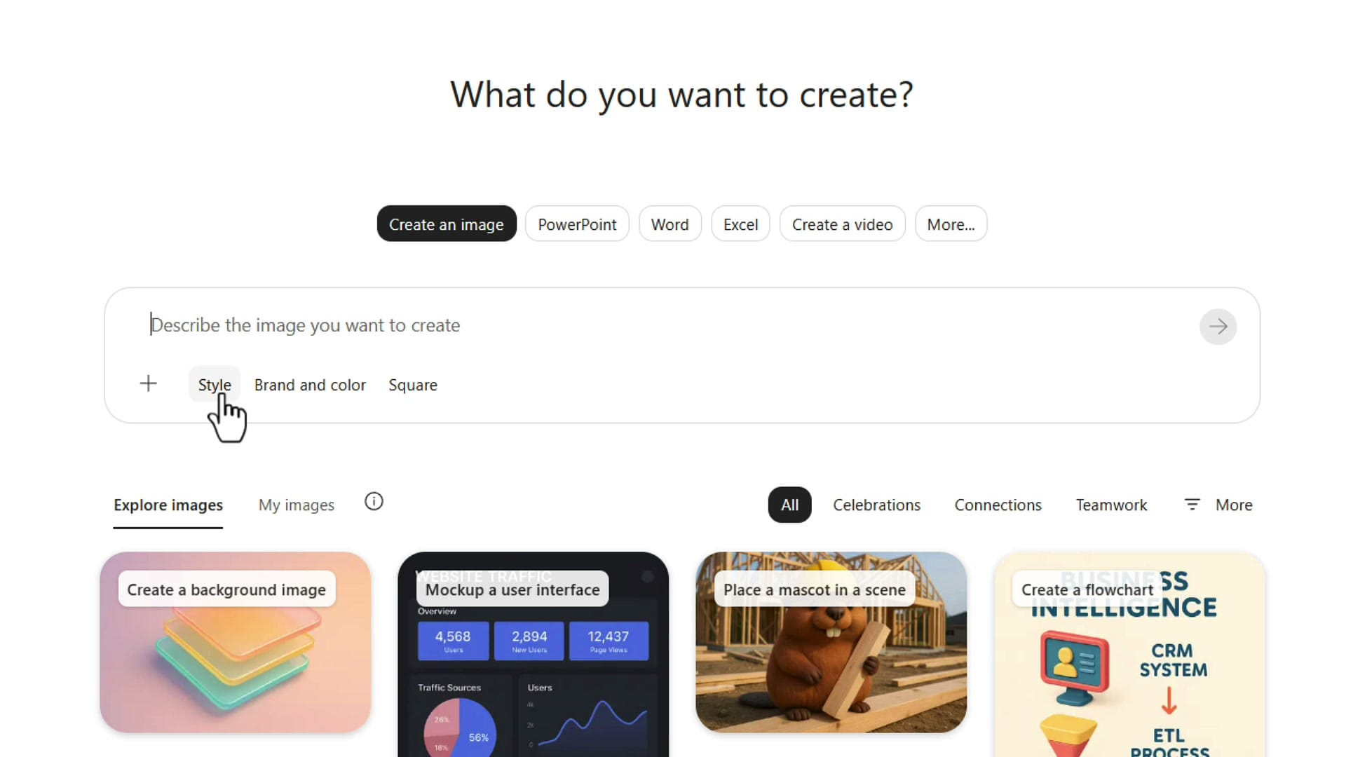 Copilot Create page with Create an image selected and the Style, Brand and color, and Square options under the prompt box