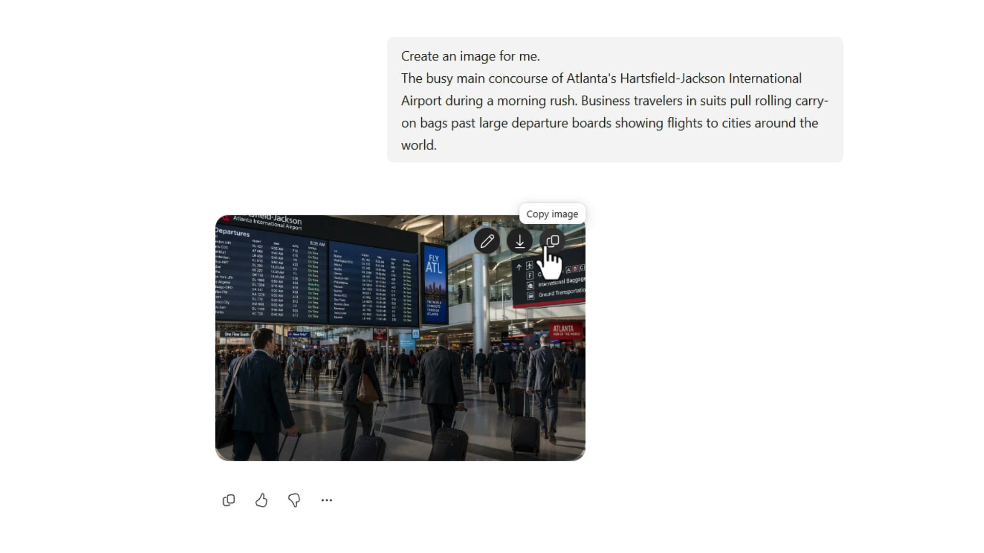 Generated image in Copilot chat with the edit, download, and copy image buttons showing on hover