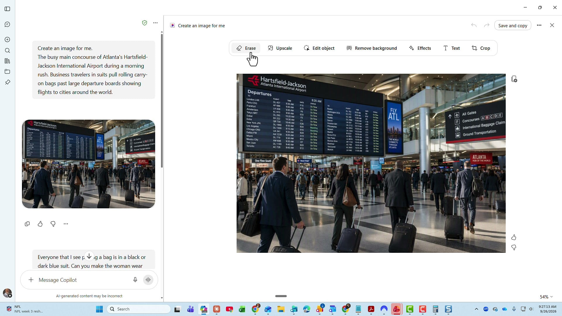 Copilot image editor with the Erase, Upscale, Edit object, Remove background, Effects, Text, and Crop tools above the image