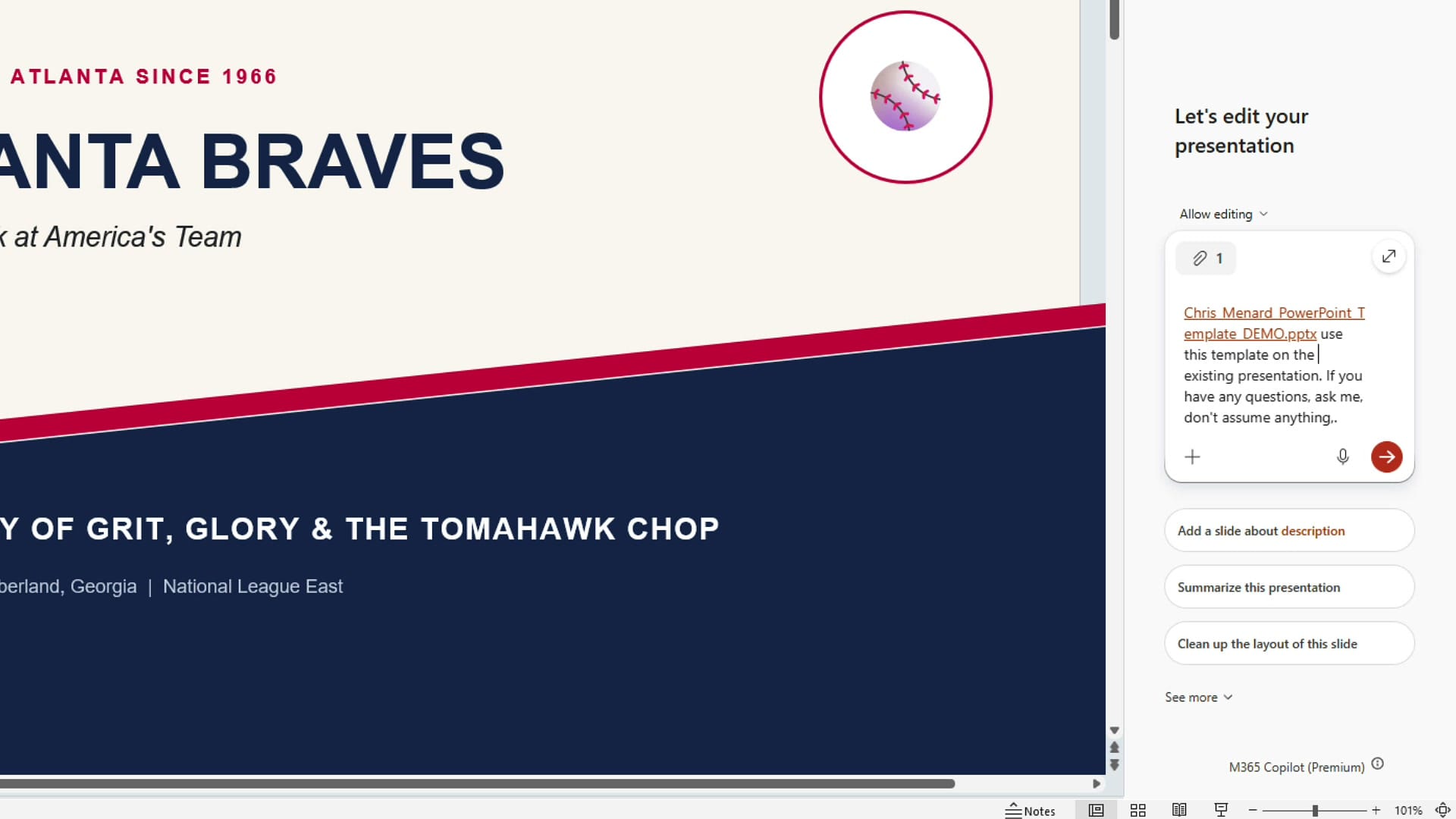 Copilot prompt box with the template attached and the prompt asking it to use the template on the existing presentation