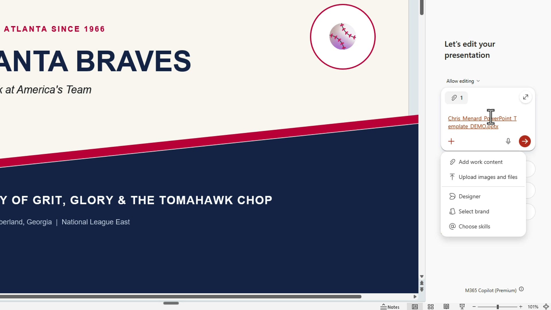 Copilot pane in PowerPoint with the plus menu open showing Add work content and Upload images and files
