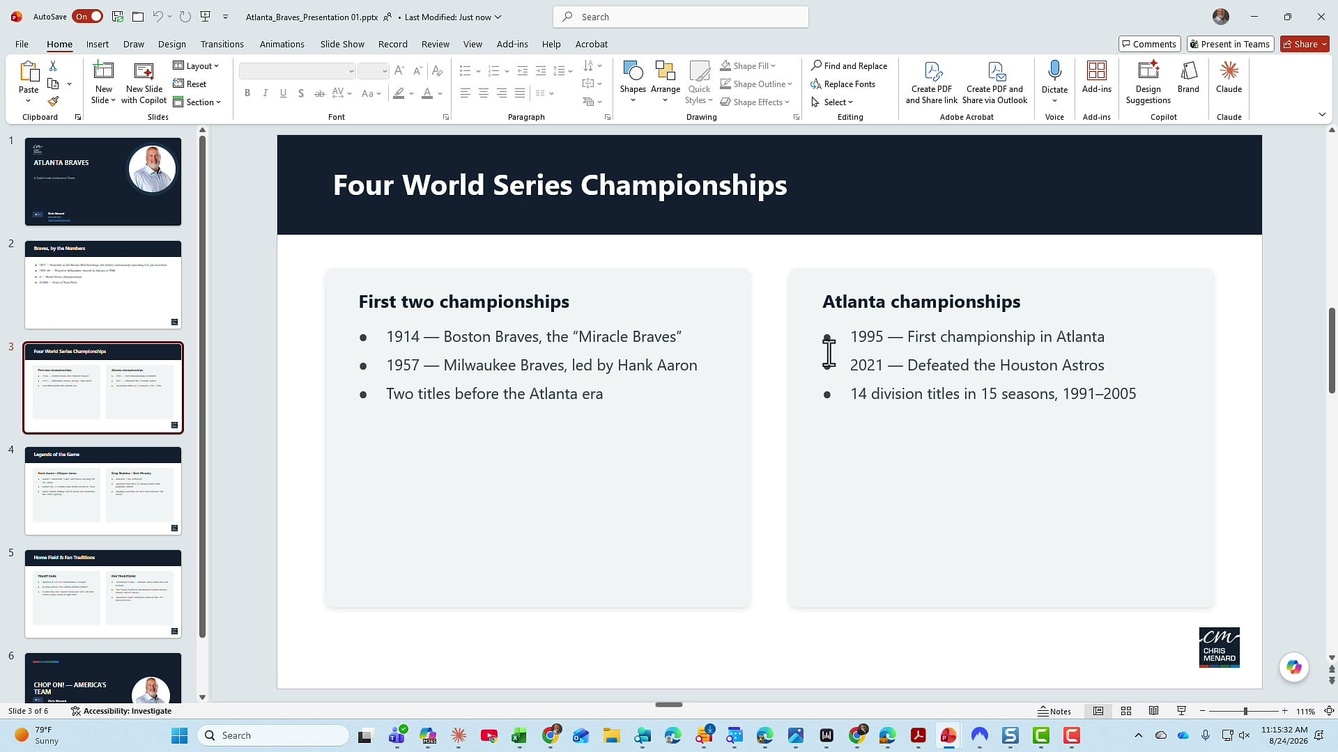 Four World Series Championships slide after the template was applied, using a two-column layout