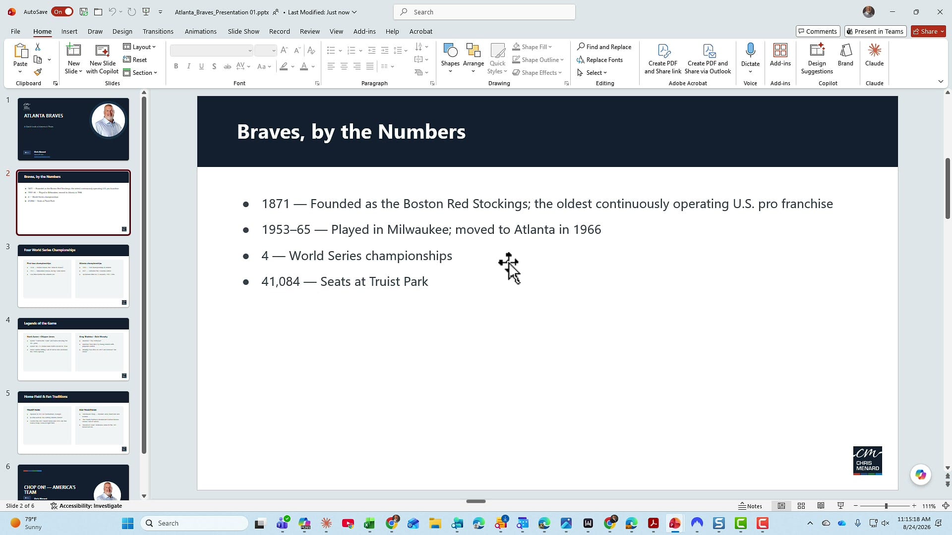 Braves by the Numbers slide after the template was applied, with the numbers as a bulleted list