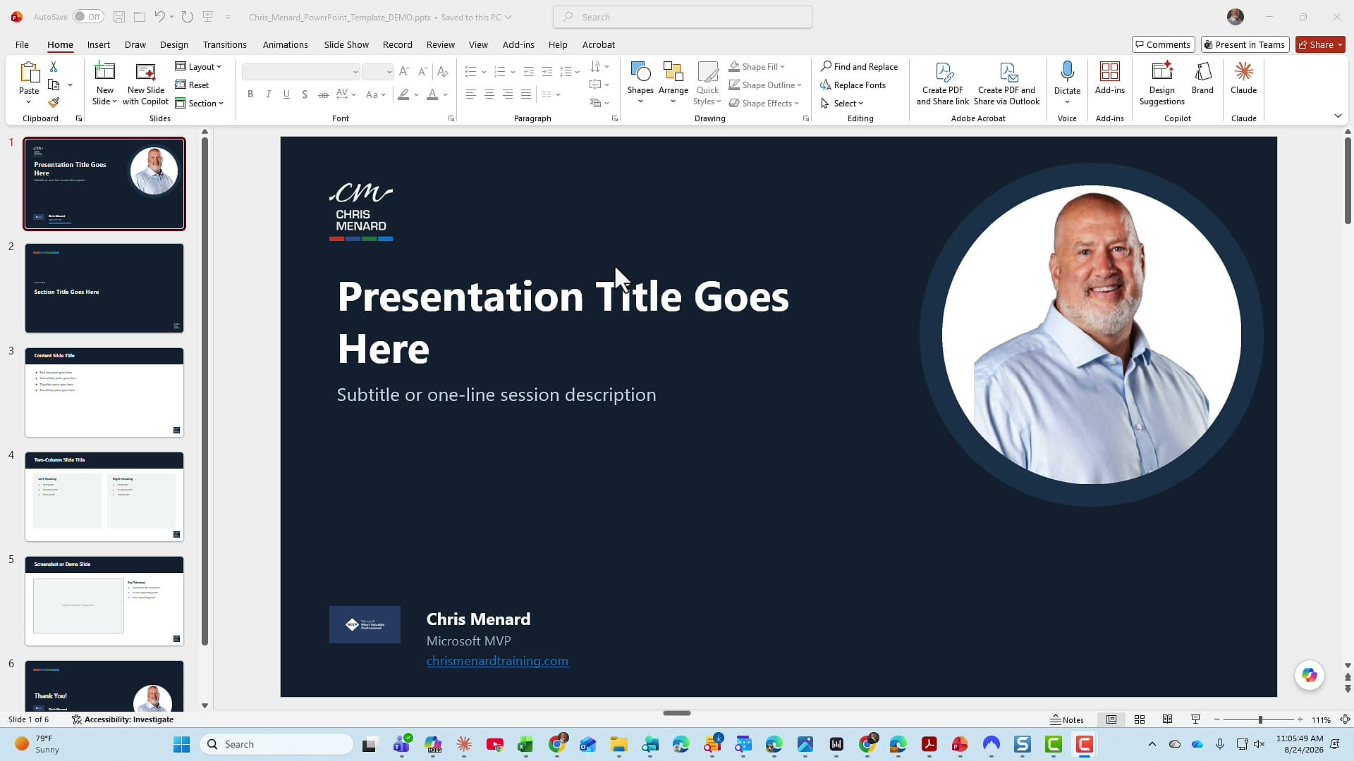 Organization PowerPoint template with a dark title slide, logo, and photo