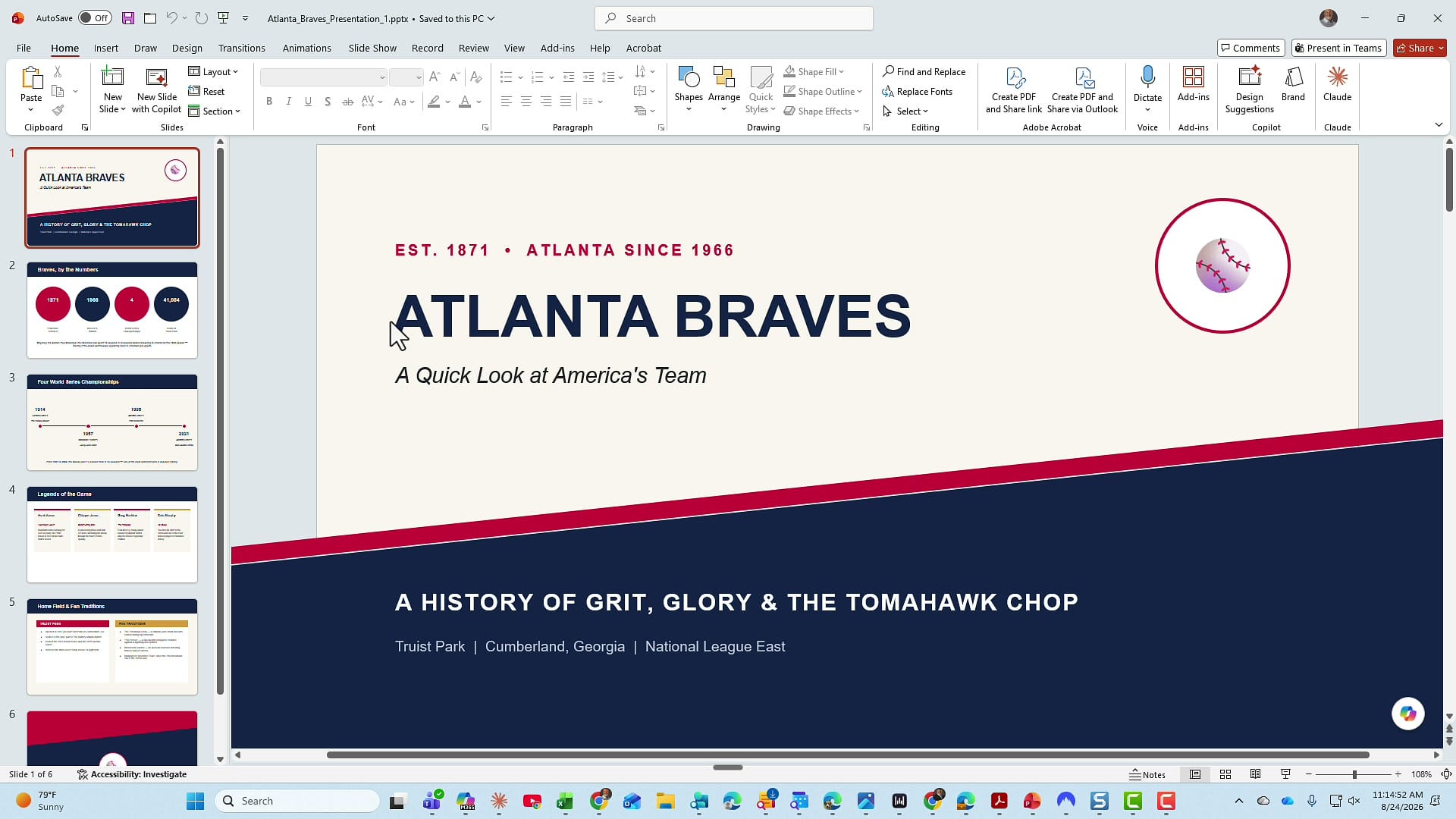 Original Atlanta Braves title slide in red, navy, and cream, not using the organization template