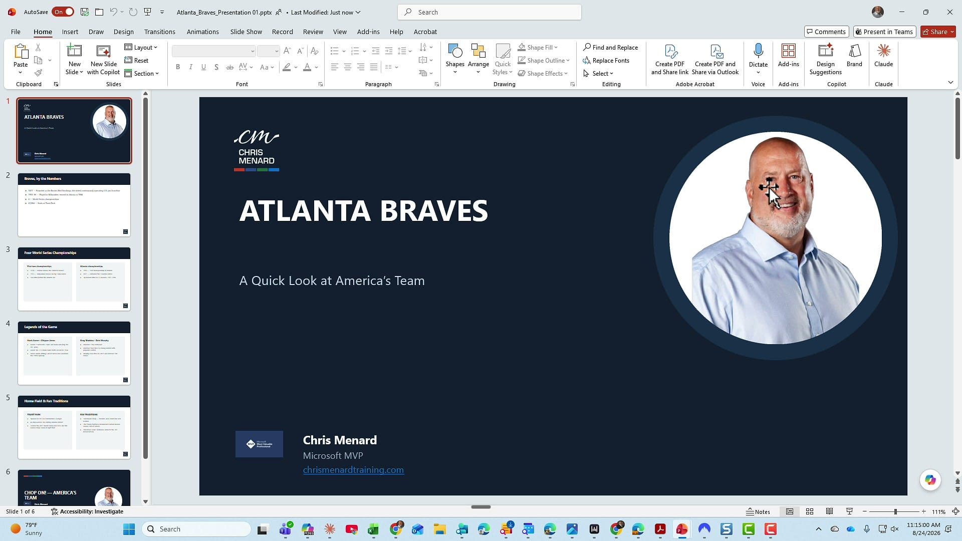 Atlanta Braves title slide after Copilot applied the organization template