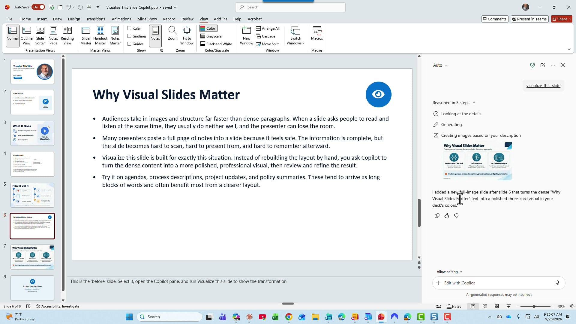 Copilot pane showing Reasoned in 3 steps: Looking at the details, Generating, Creating images based on your description, with a preview of the new slide and a confirmation message
