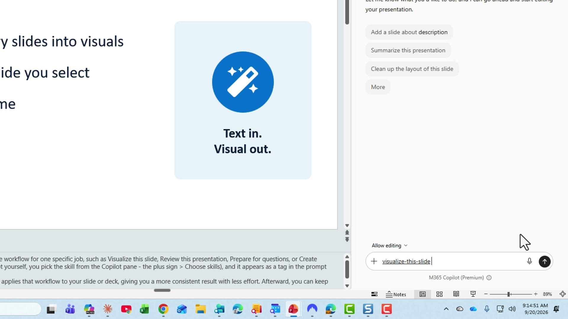 Copilot prompt box in PowerPoint containing the visualize-this-slide skill tag with the Send button on the right