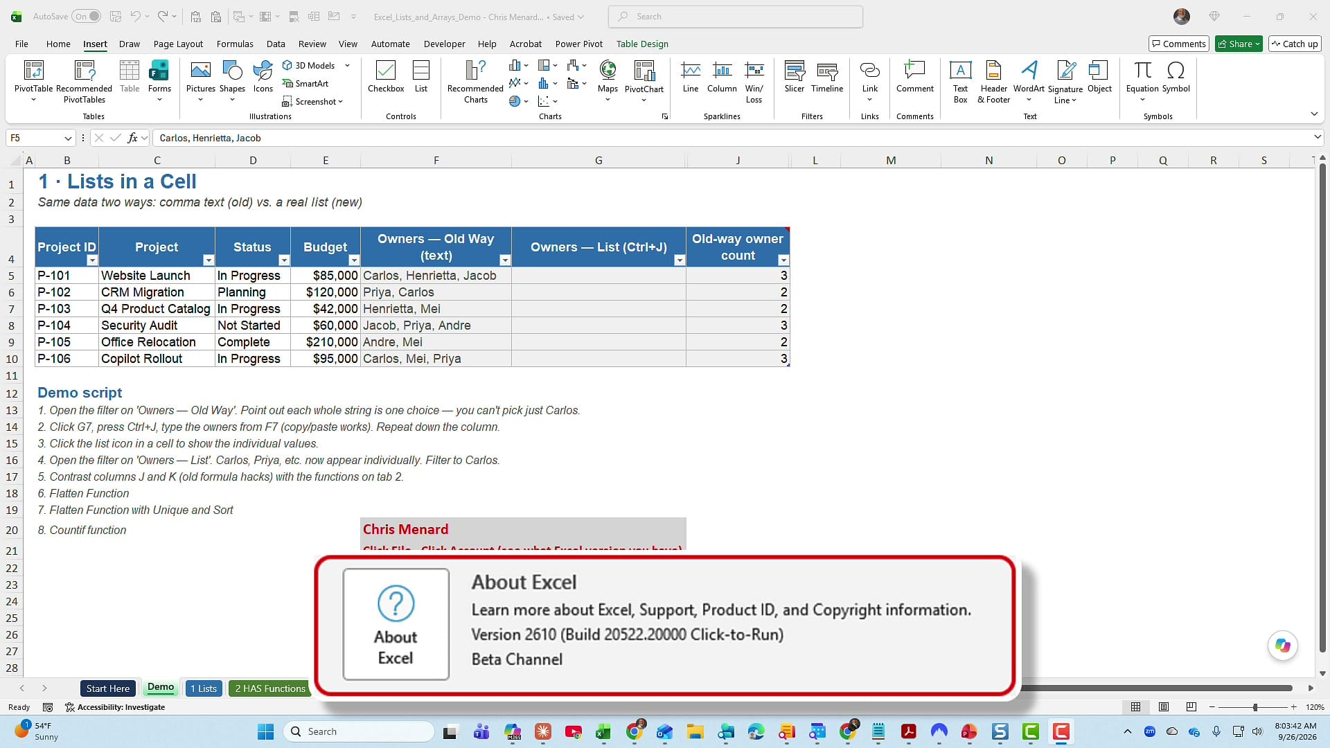 About Excel panel showing Version 2610, Build 20522.20000, Beta Channel, over a worksheet titled Lists in a Cell