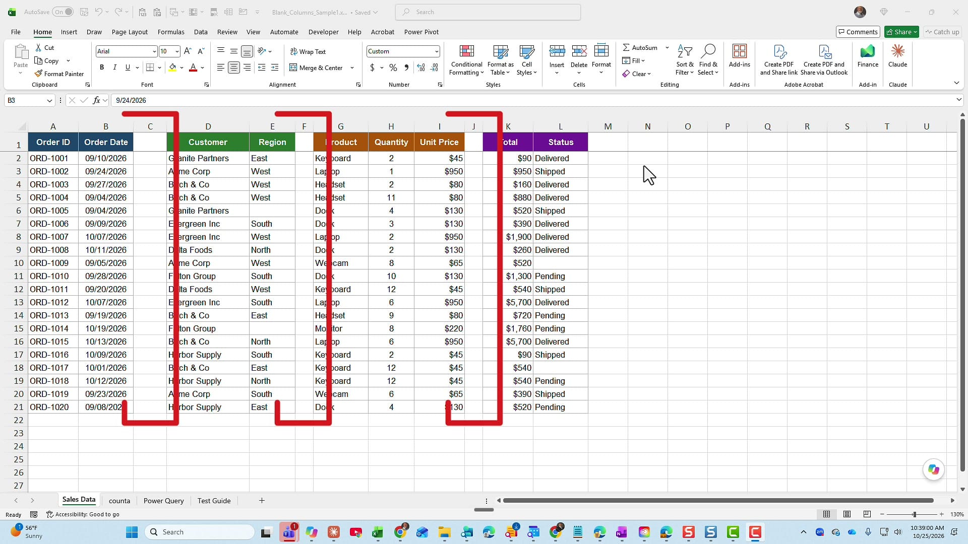 Excel order data with empty columns C, F, and J outlined in red, splitting the data into separate blocks