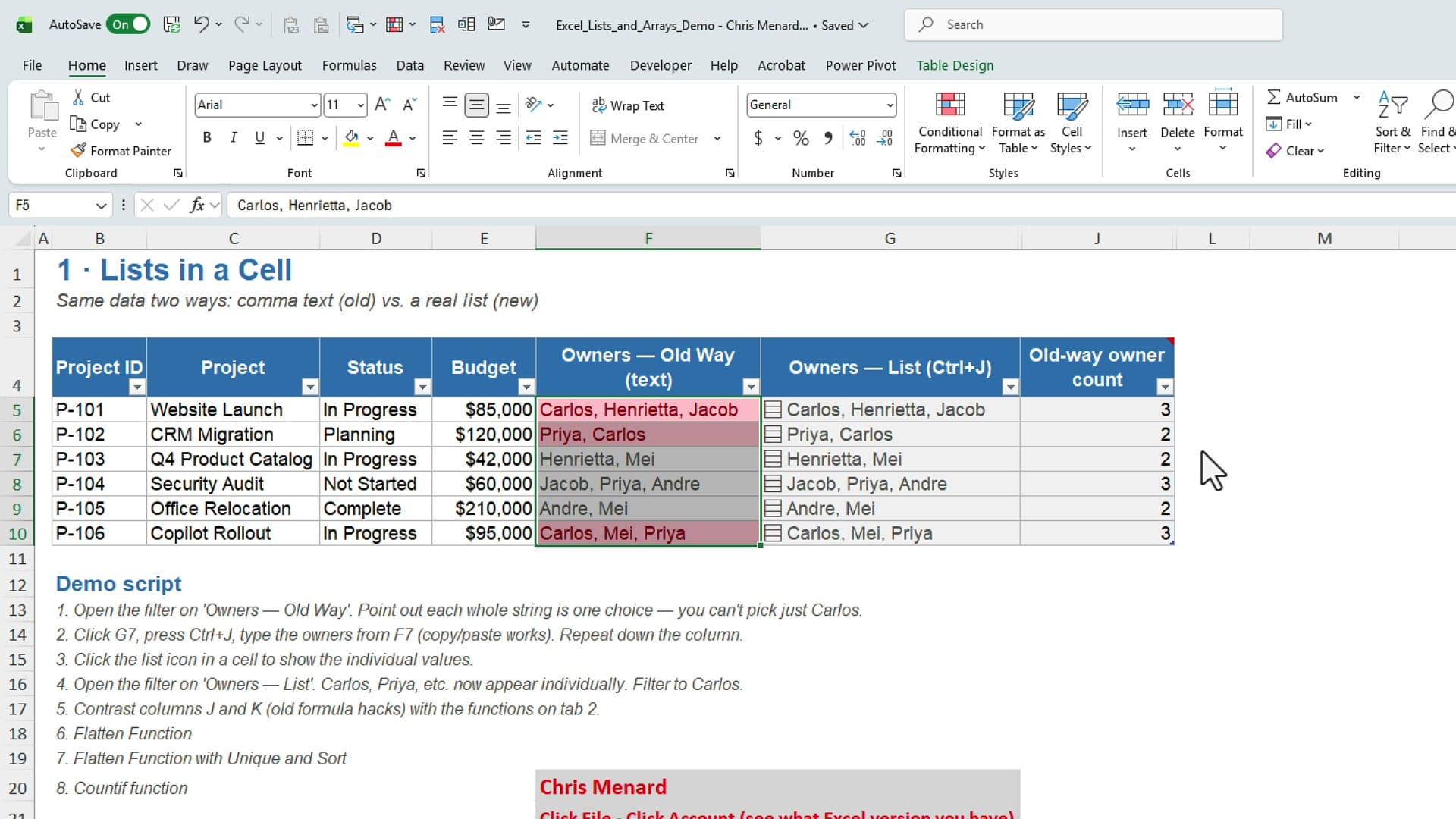 Excel old owners column with three cells highlighted in red by a conditional formatting rule for text containing Carlos