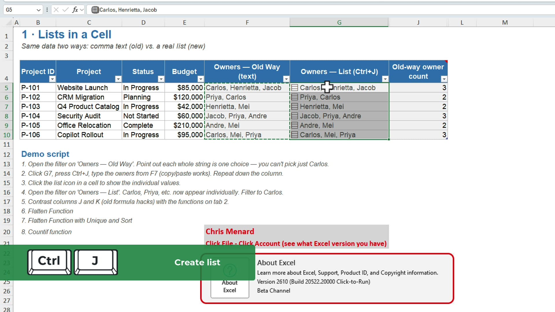 Excel column G with six cells converted to lists, each showing a list icon, next to the original comma-separated text in column F