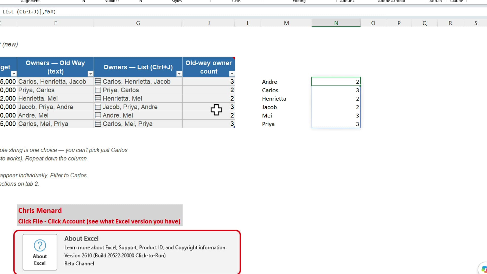 Excel summary showing Andre 2, Carlos 3, Henrietta 2, Jacob 2, Mei 3, Priya 3 next to the project table