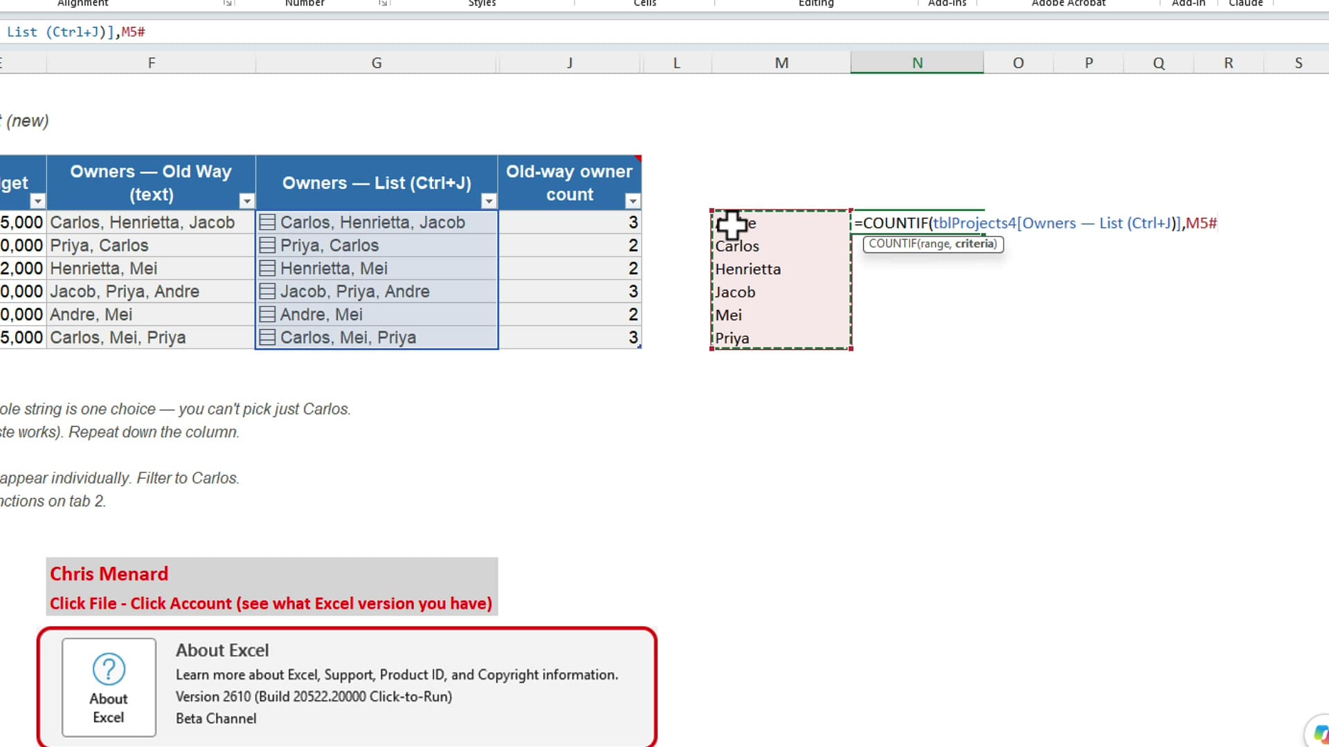 Excel COUNTIF formula being typed with the list column as the range and M5# as the criteria, with the spilled names outlined