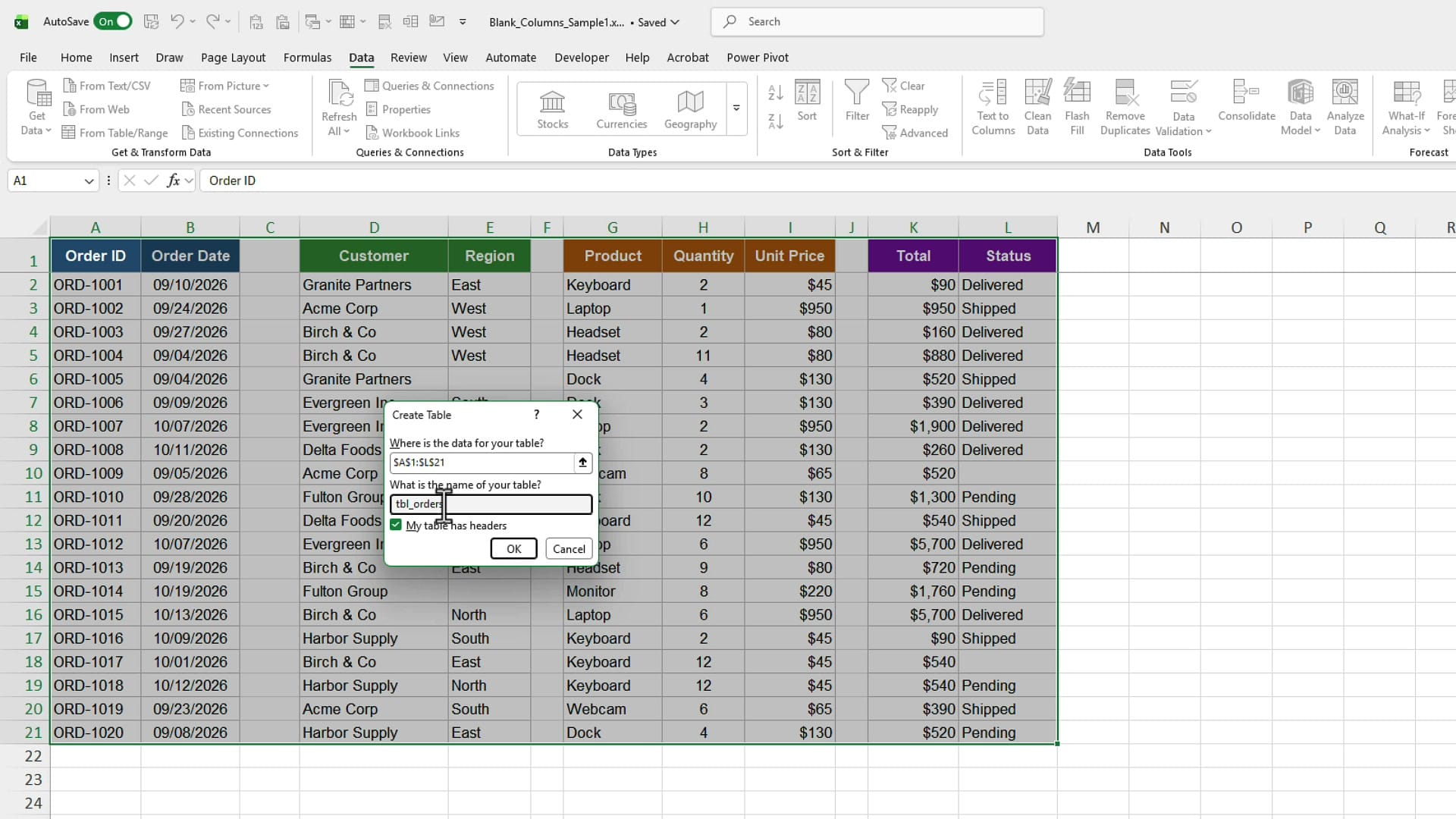 Excel Create Table dialog box with the range A1 to L21, the table name tbl_orders typed in, and My table has headers checked