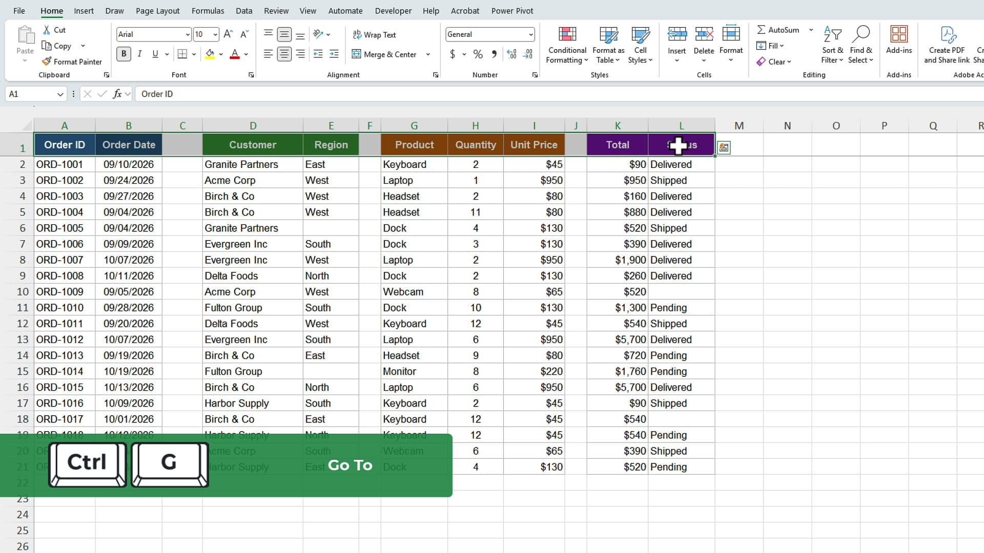 Excel header row A1 to L1 selected with a Ctrl G Go To keyboard callout