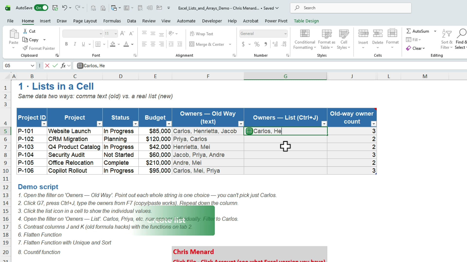Excel cell G5 showing a green list icon while names are typed in, with a Ctrl J Create list keyboard callout