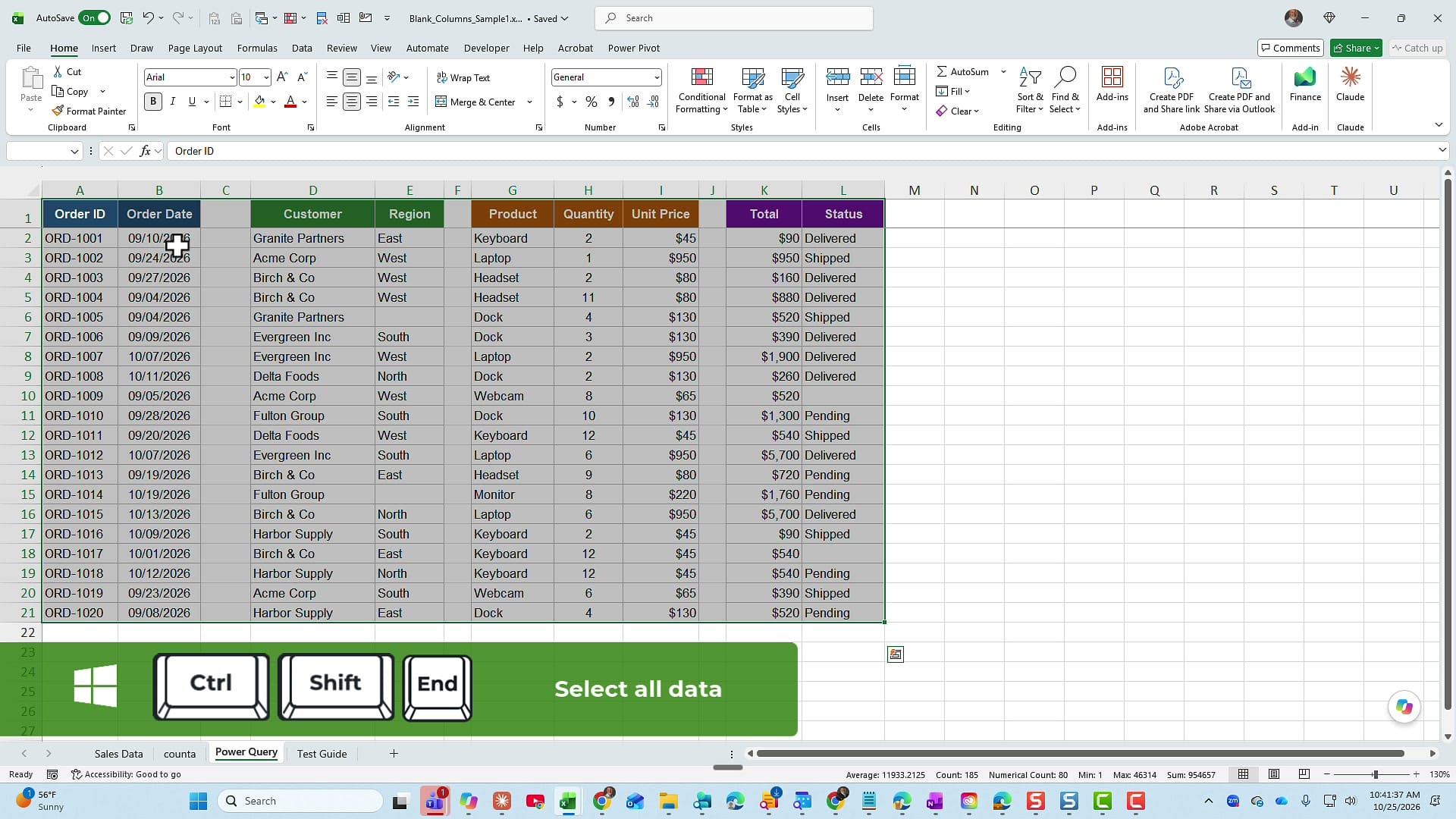Excel order data selected from A1 to L21 with a Ctrl Shift End Select all data keyboard callout