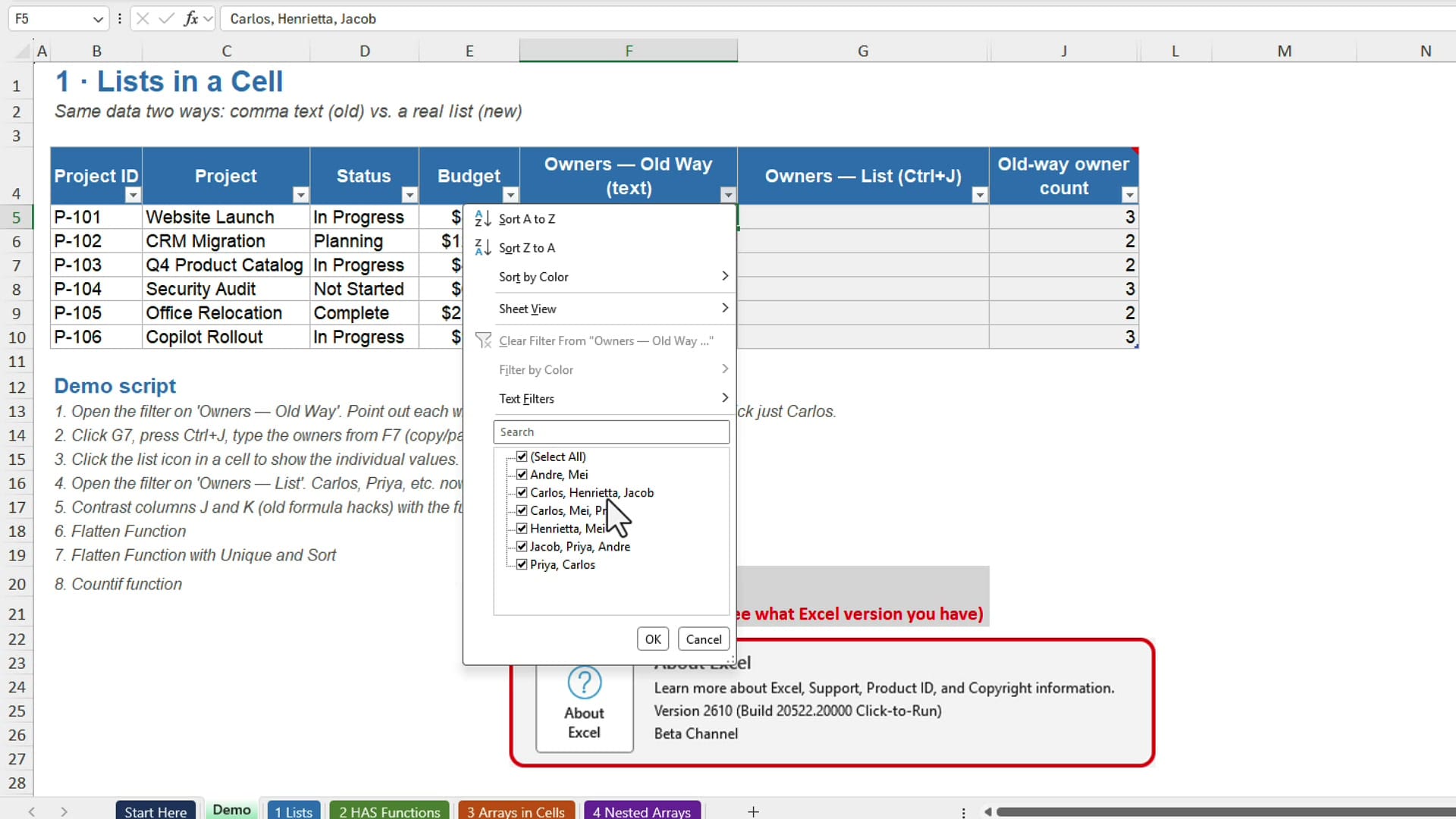 Excel filter dropdown on a comma-separated Owners column listing whole strings such as Carlos, Henrietta, Jacob and Priya, Carlos as single choices