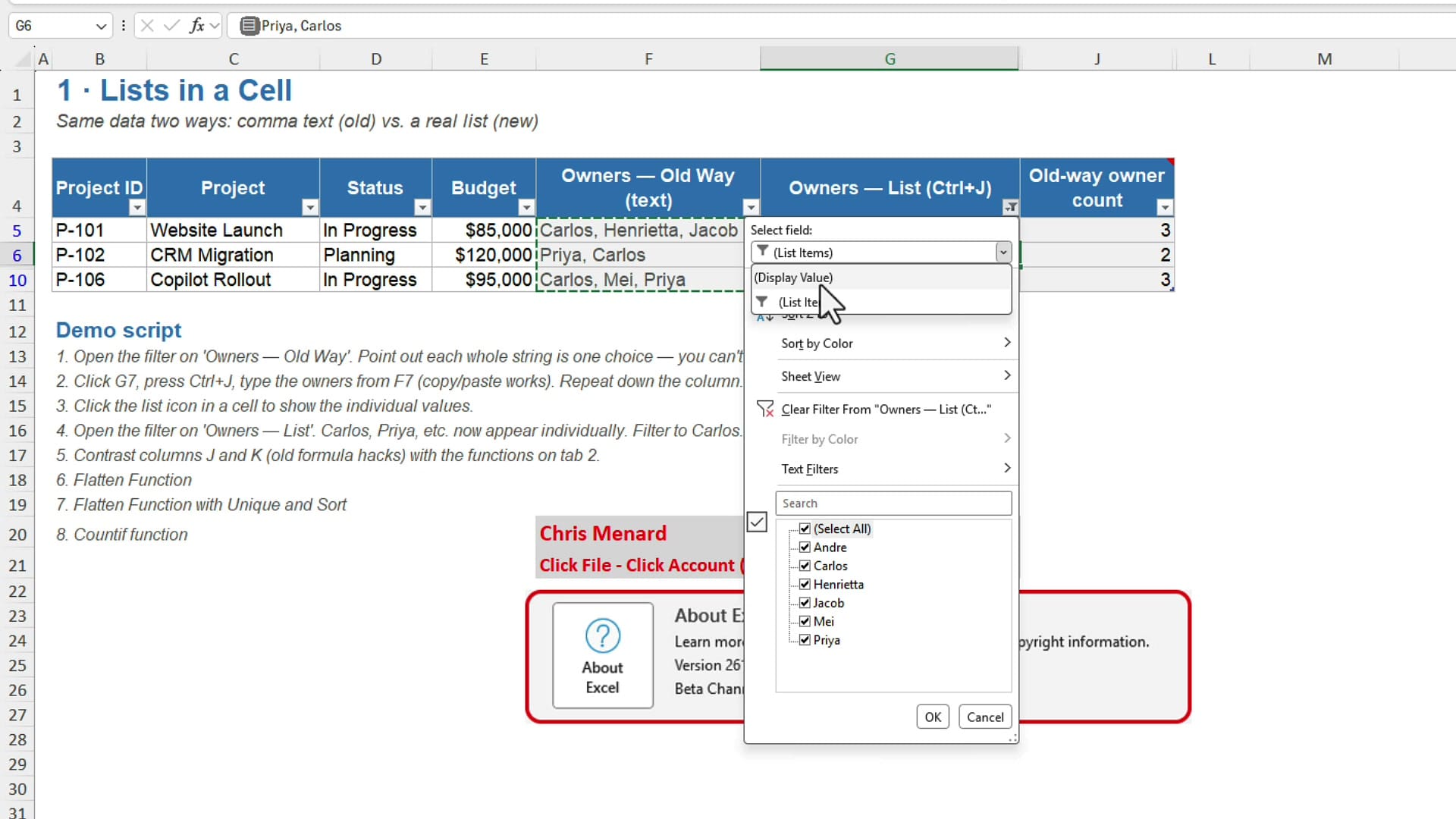 Excel filter menu for a list column with the Select field dropdown open showing Display Value and List Items options