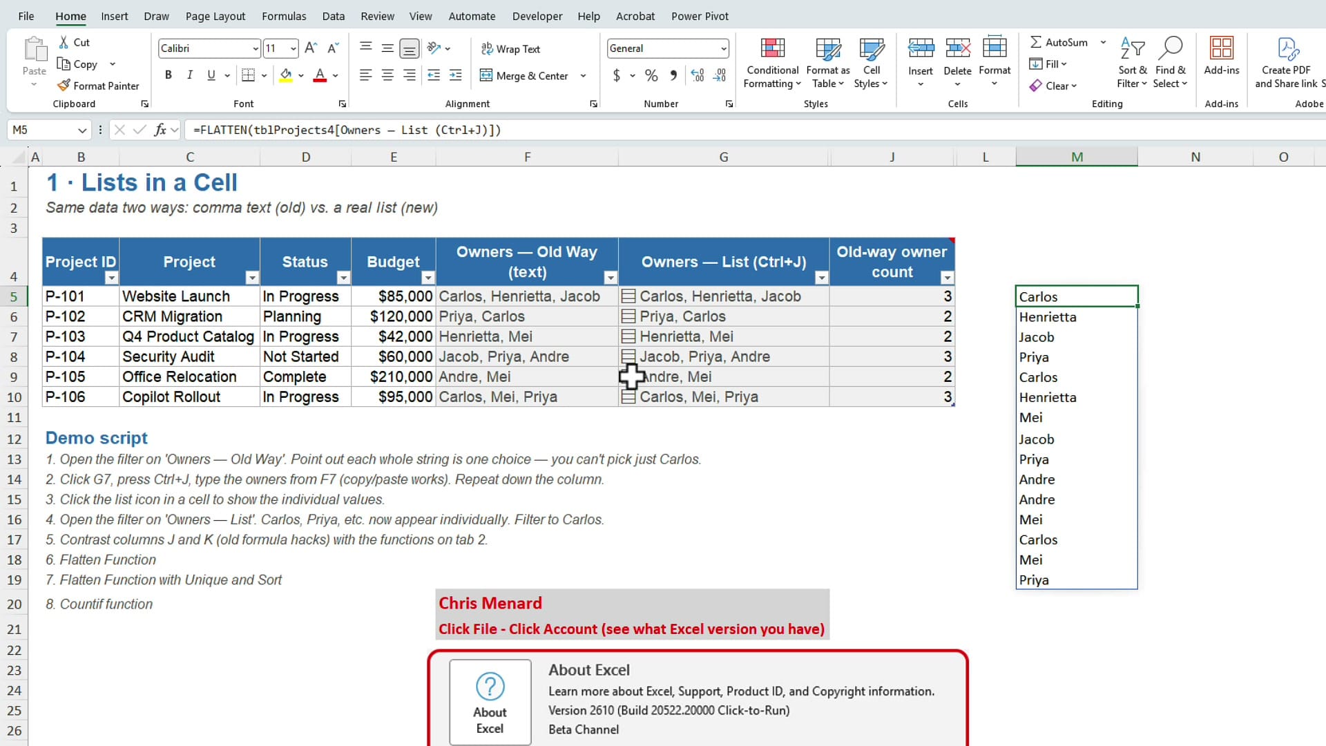 Excel FLATTEN formula in cell M5 spilling fifteen individual owner names down column M from the list column