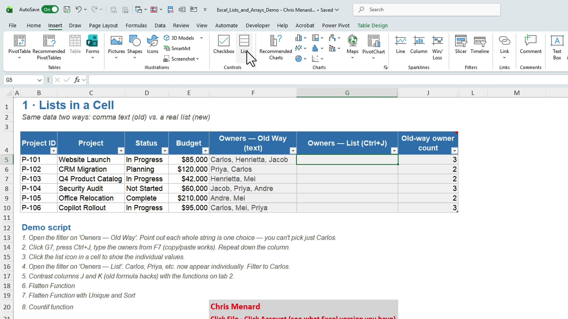 Excel Insert tab with the List button in the Controls group next to Checkbox, and an empty cell G5 selected