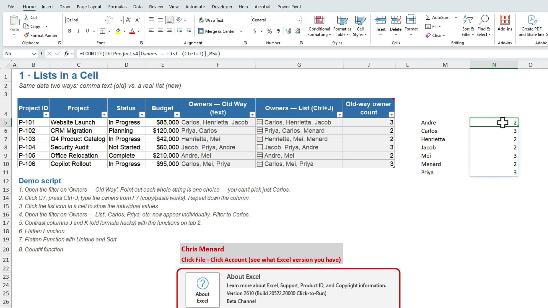 Excel list column with Menard added to two projects and the summary showing a new Menard row with a count of 2