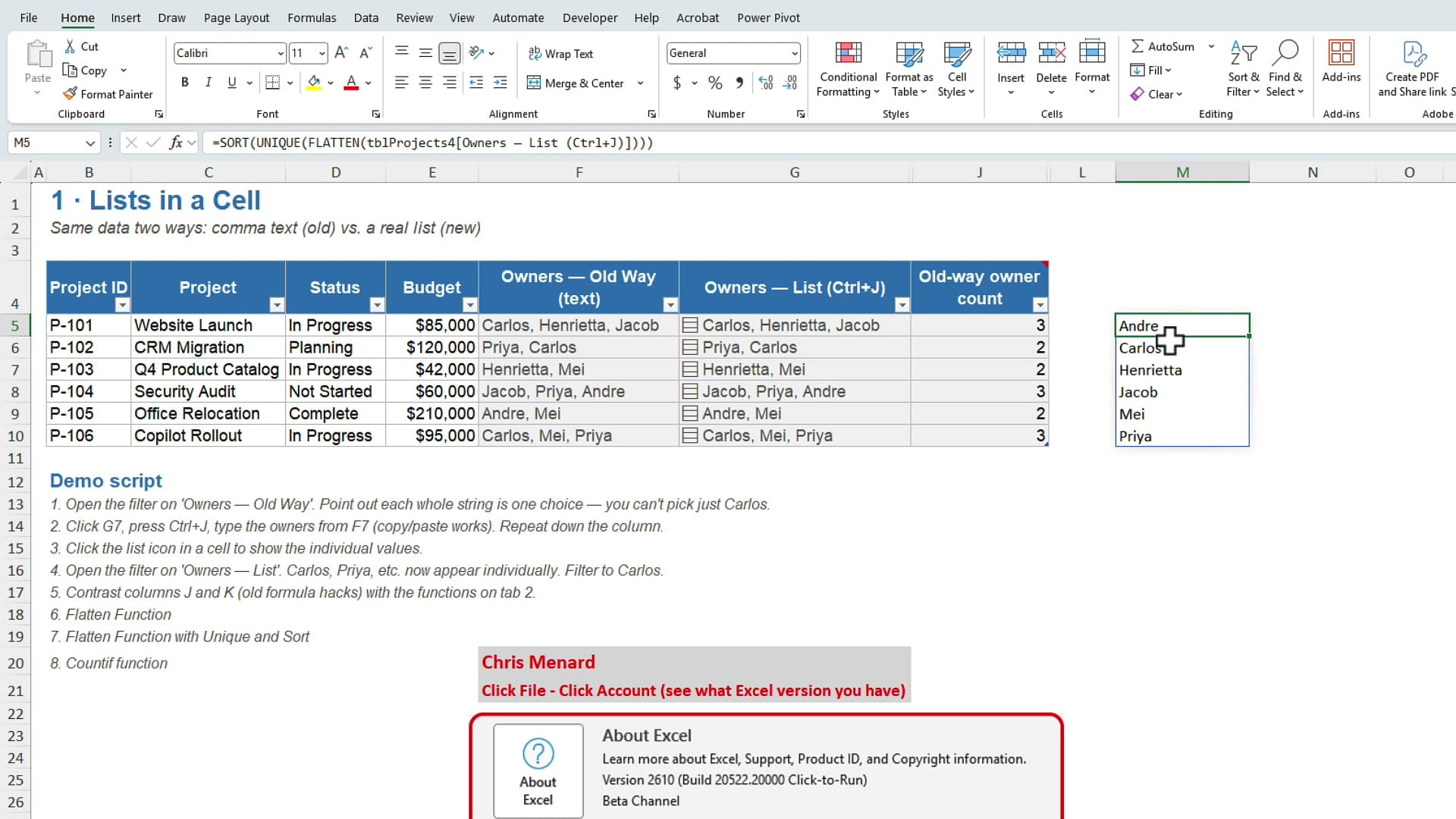 Excel SORT UNIQUE FLATTEN formula in the formula bar returning six sorted names: Andre, Carlos, Henrietta, Jacob, Mei, Priya