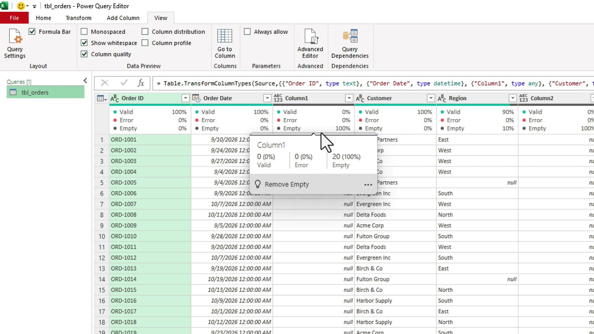 Power Query Column1 showing 100 percent empty with a hover card reading 0 valid, 0 error, 20 empty