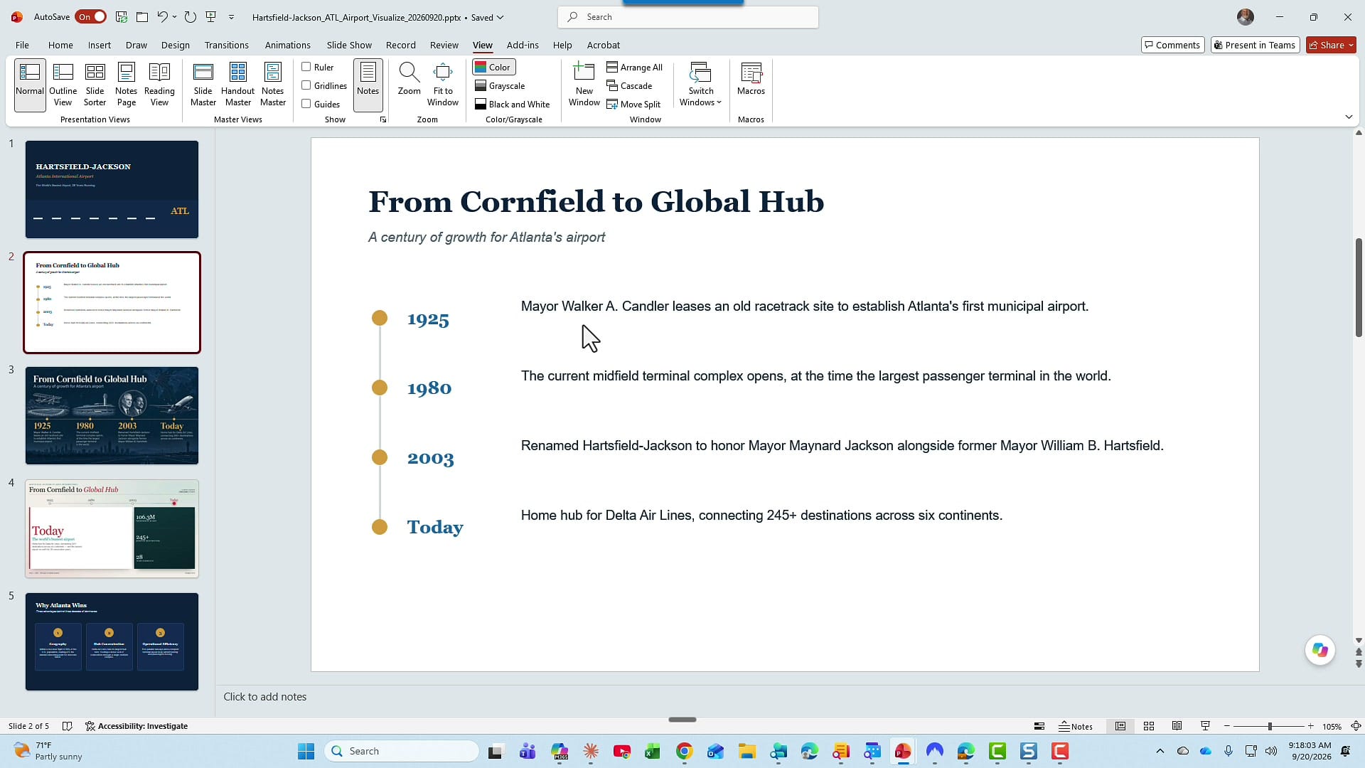 PowerPoint slide titled From Cornfield to Global Hub with a simple vertical timeline of 1925, 1980, 2003, and Today