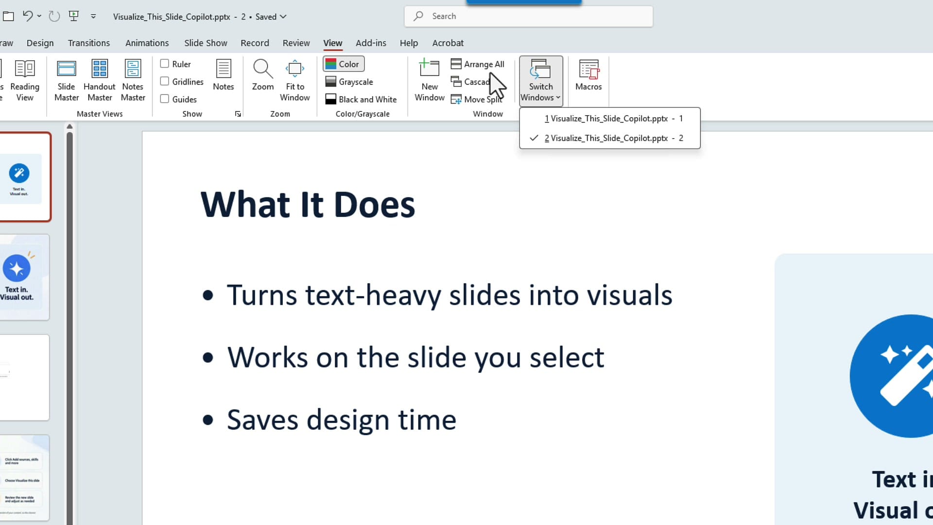 PowerPoint View tab with the cursor on Arrange All in the Window group