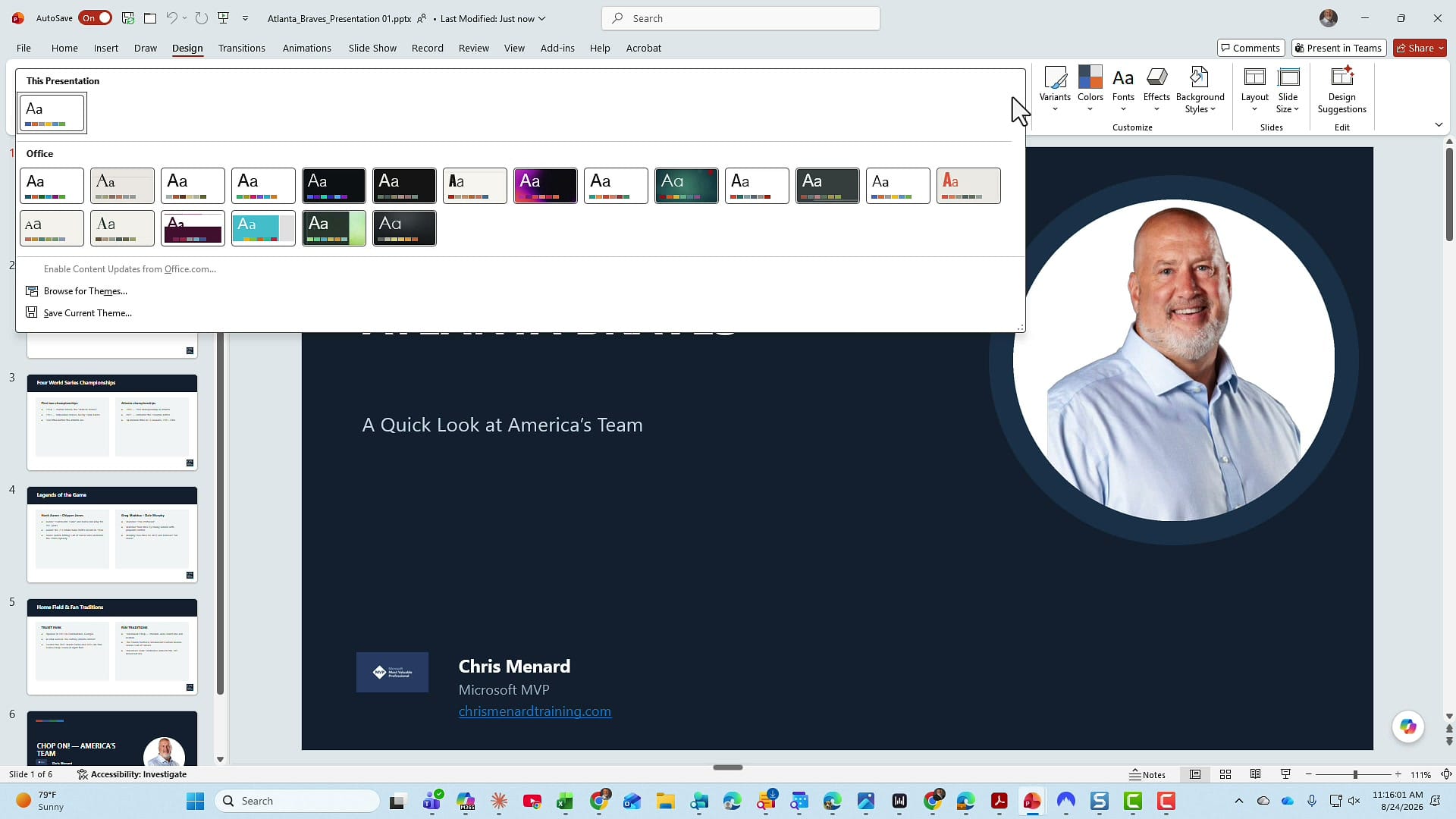 PowerPoint Design tab with the Themes gallery open, including Browse for Themes