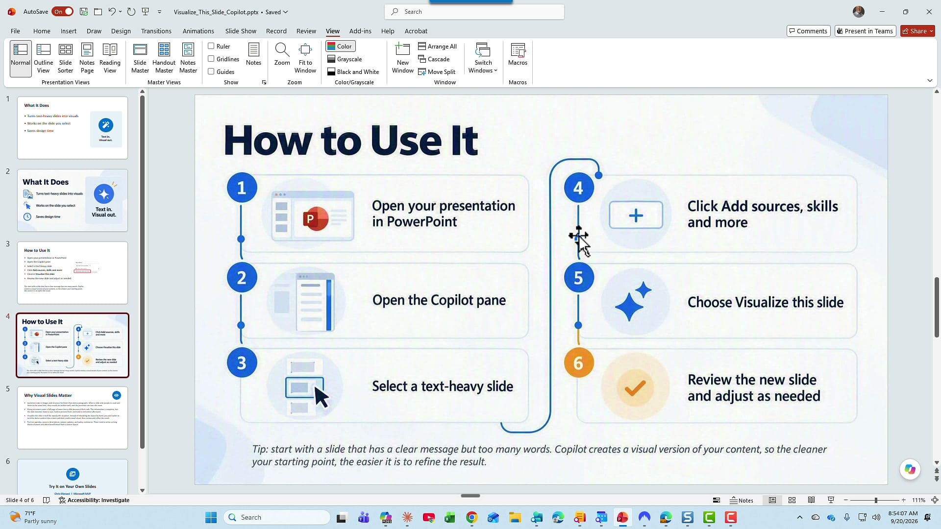 A single maximized PowerPoint window in Normal view showing slide 4, How to Use It, as a six-step visual