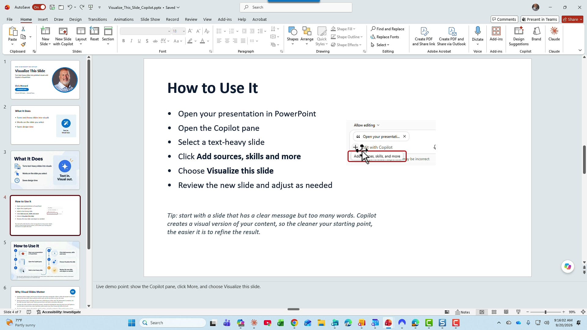 PowerPoint slide titled How to Use It with six bulleted steps, a small screenshot of the Add sources, skills and more menu, and an italic tip at the bottom