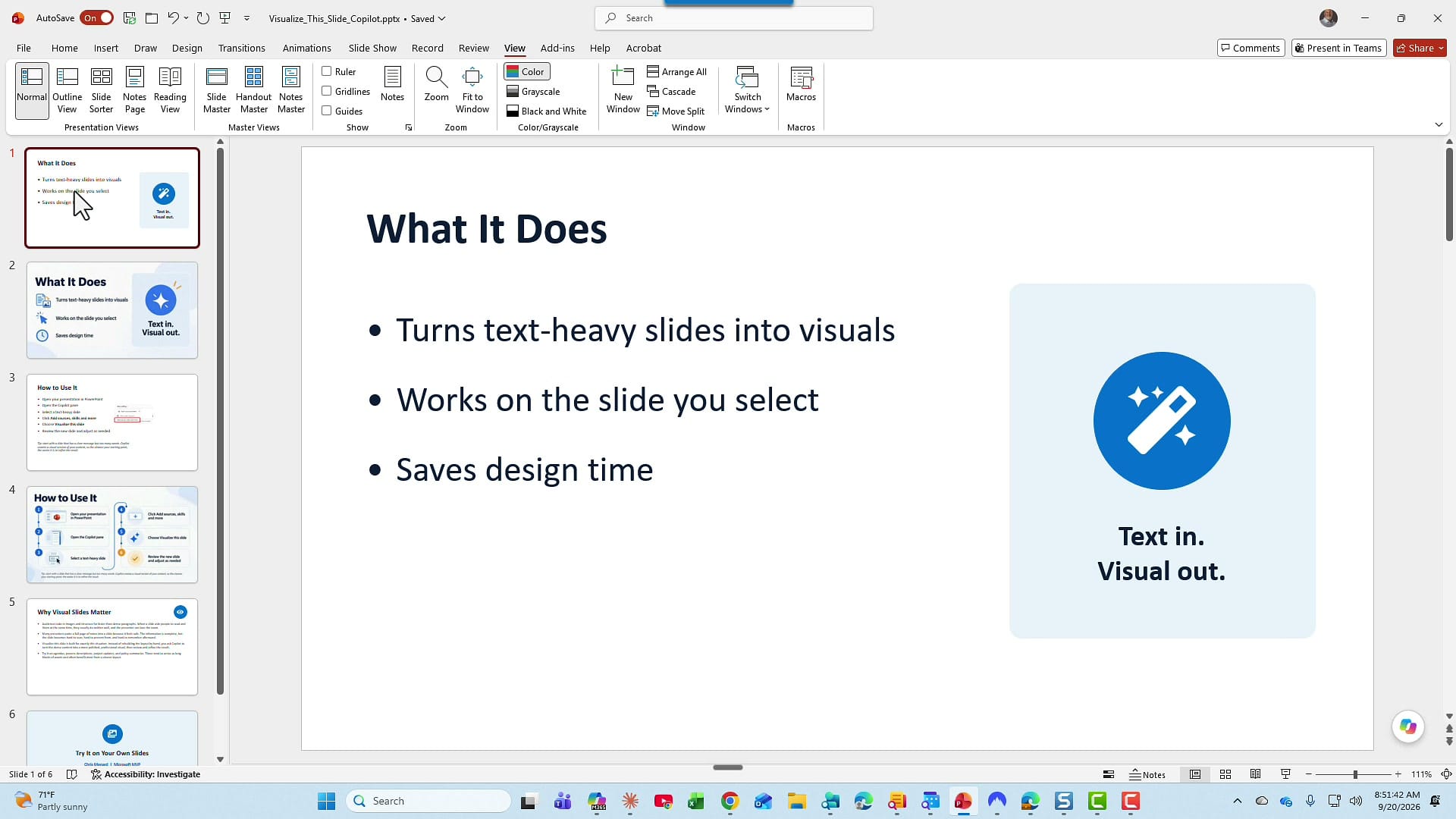 PowerPoint Normal view with slide 1 titled What It Does, showing three bullets and a Text in, Visual out image on the right